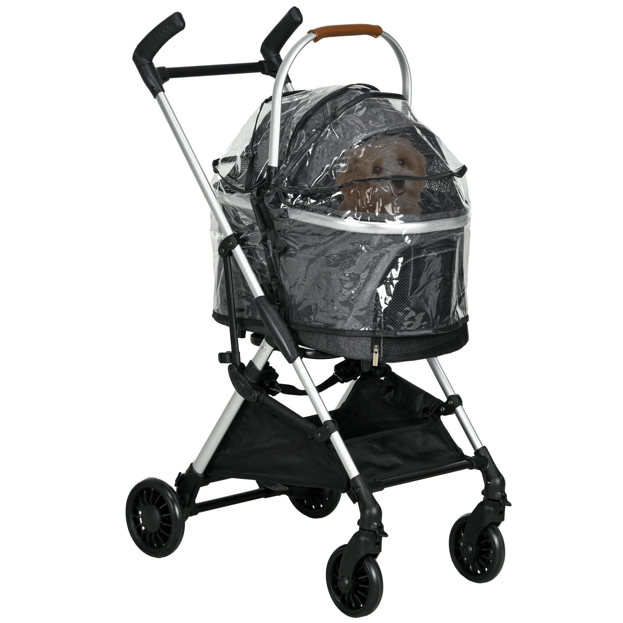 PawHut - Carrito plegable para perros 3 en 1 con asa para mascotas, cubierta de lluvia, toldo ajustable, color gris