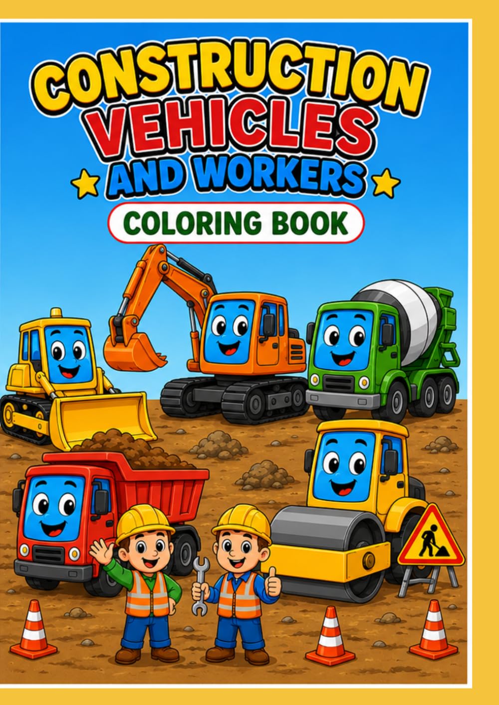 Construction Vehicles and Workers Coloring Book