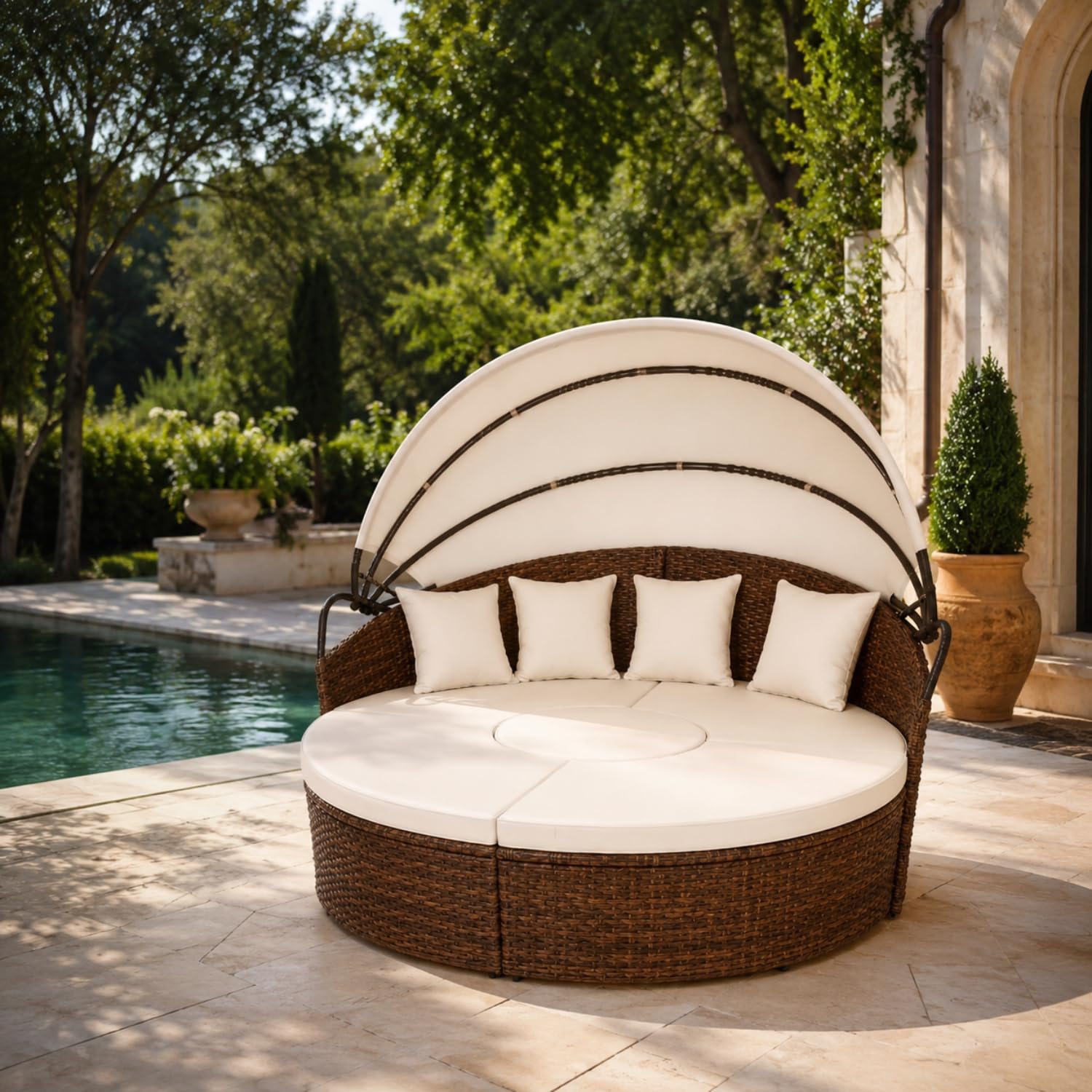 MEGAOFFERTE Isola Prendisole Modulare In Polyrattan Con Tettuccio Parasole Divano Da Giardino Trasformabile Con Tavolino Integrato 4 Cuscini Telaio In Acciaio Resistente Ai Raggi UV Beige E Marrone