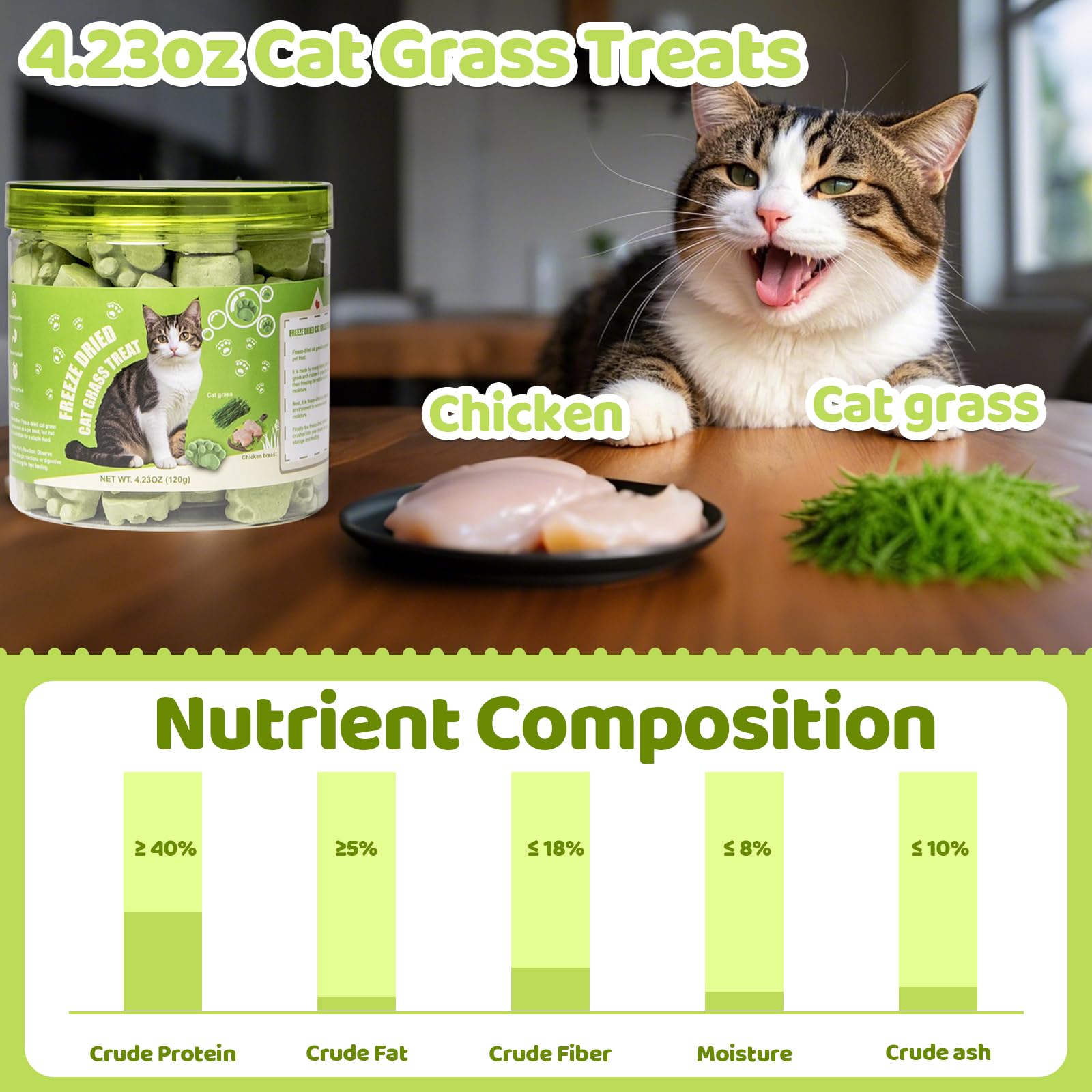 4.23oz Freeze-Dried Cat Grass Treats - Chew Grass Sticks for Hairball Removal, Natural Dried Cat Snacks (120g) 1