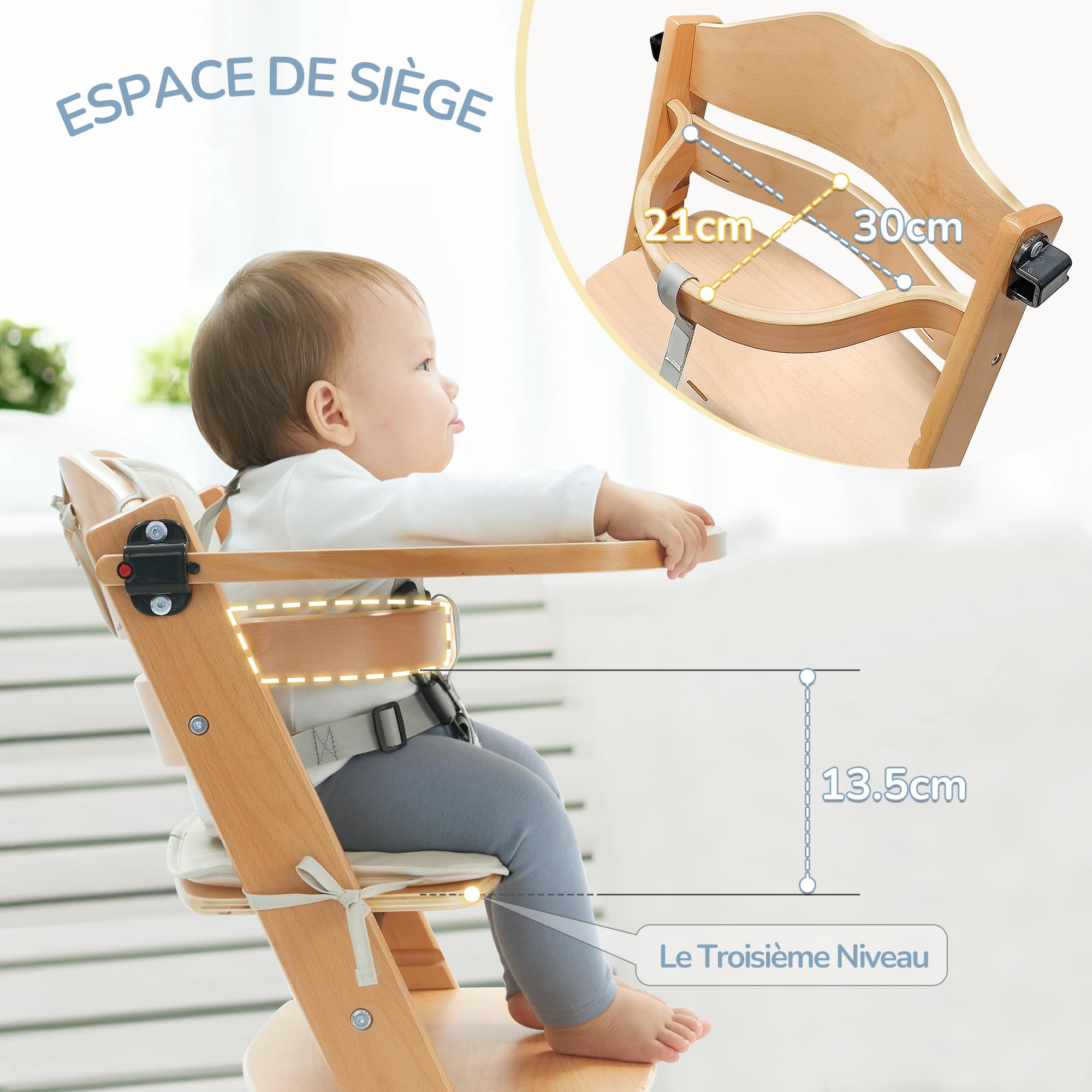 LUE BONA Chaise Haute Bébé Évolutive, Chaise Haute en Bois 3 en 1 pour Jeunes, Chaise pour Enfants avec Coussin, Harnais & Plateau Amovible, Convient aux Bébés et aux Jeunes Enfants, Naturelle