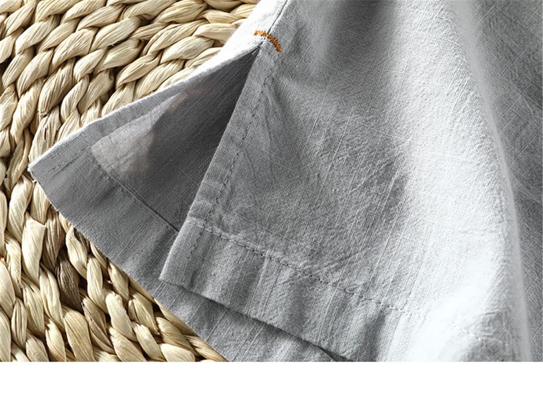 Maglietta da uomo in cotone e lino a maniche corte con colletto alla coreana, Grigio chiaro, XL