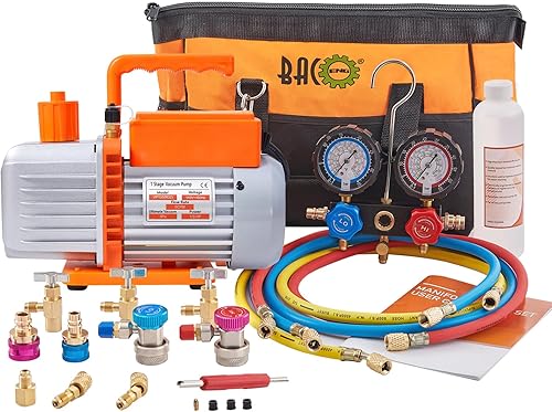 Miniatura 9 de BACOENG Juego de bomba de vacío y medidor de CA R32, kit de bomba de vacío HVAC de 4 CFM para sistema AUTO/Mini Split, motor sin chispas