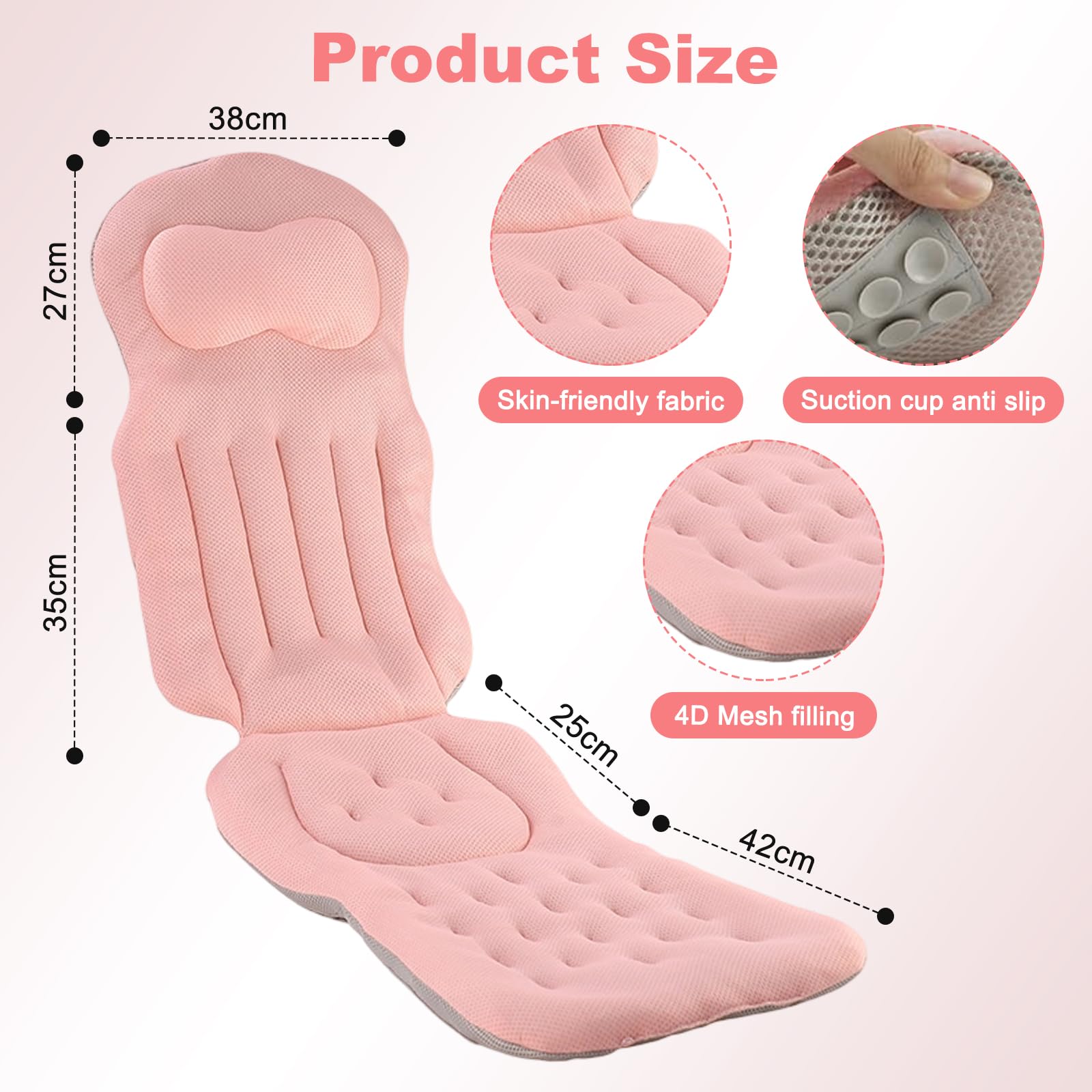 Cuscino intero per vasca da bagno, tappetino da bagno ispessito con poggiatesta supporta collo, schiena e gambe, cuscino per vasca da bagno con ventose e ganci sospesi (rosa)