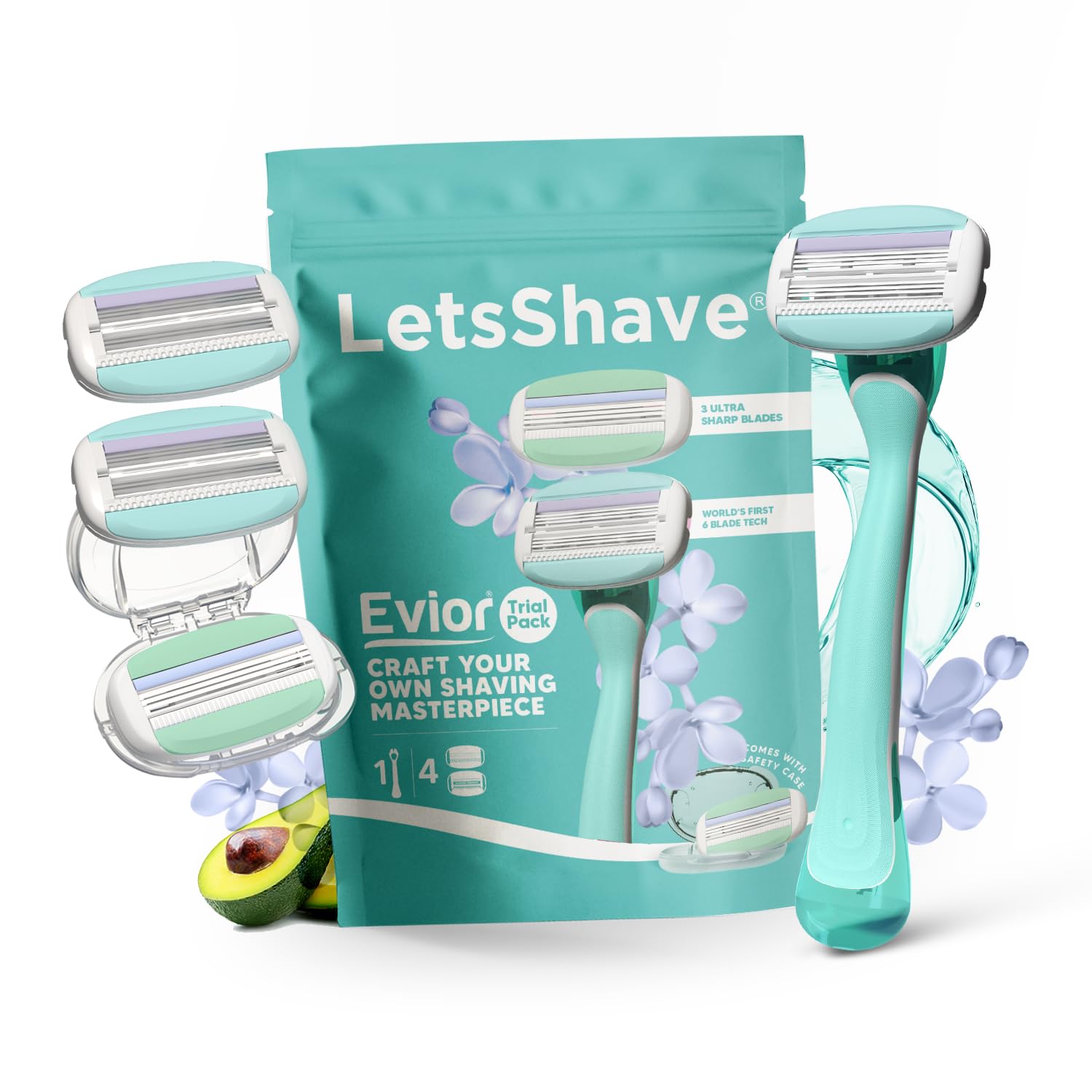 LetsShave Evior Trial Pack Shaving Razor Value Set For Women, 4 Blades + 1 Handle, Open Flow Cartridge, Dual Moisture Bar & Micro Comb Guard Bar, Razor For Women Underarms, Legs & Bikini Area