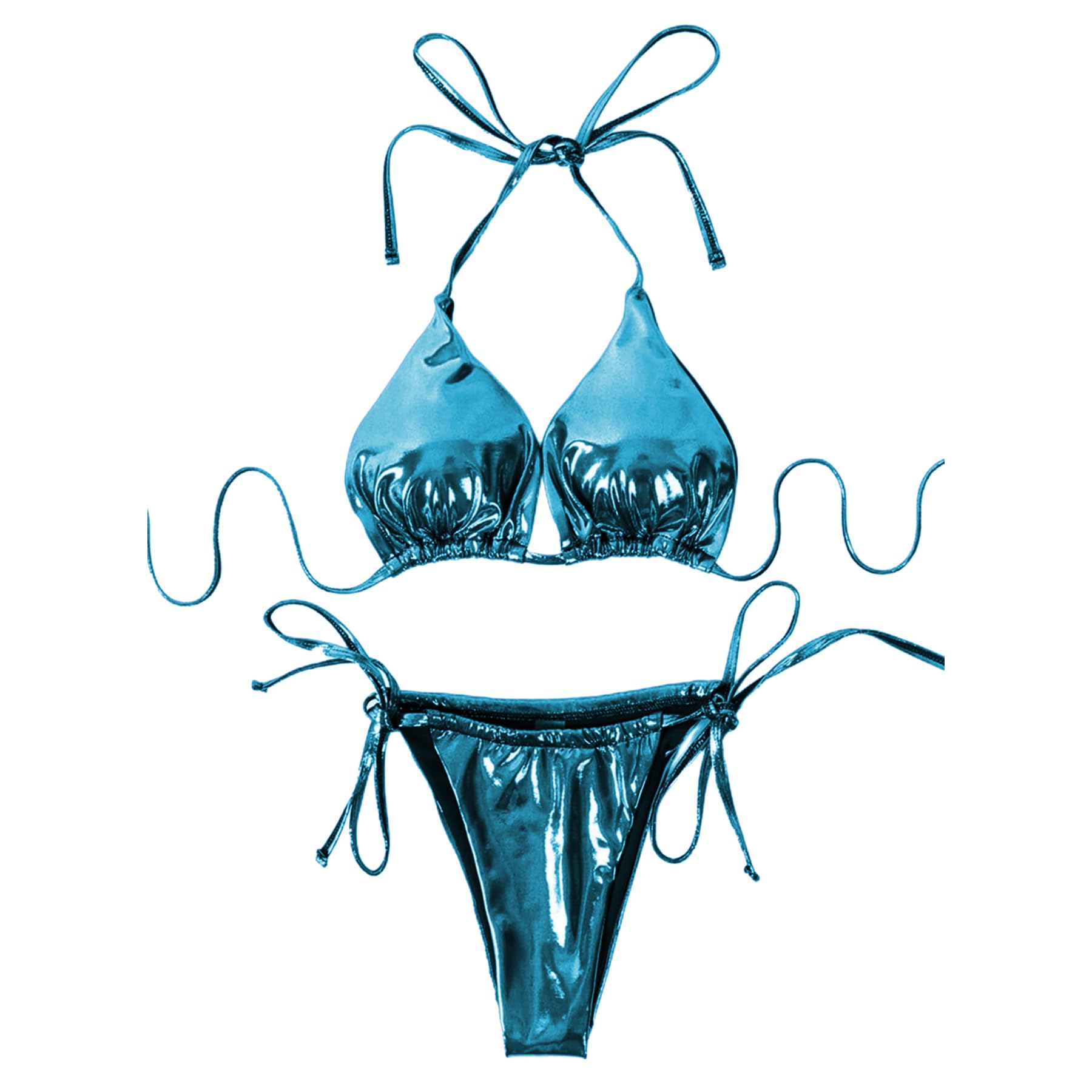 ZGMYC Women's 3 Piece Shiny Metallic Swimsuit Sexy Triangle Bikini Tie Side Thong Festival Outfit with Drawstring Mini Skirt