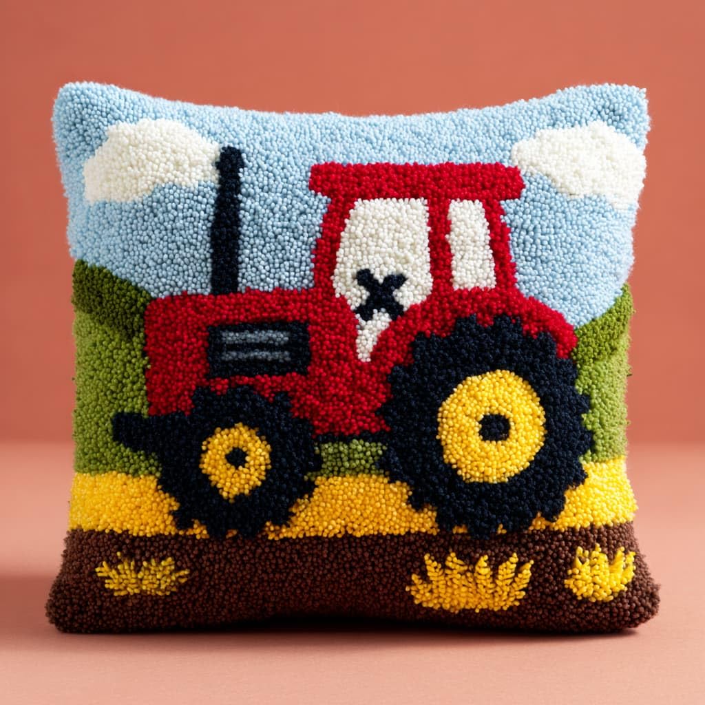 Taxpy DIY Latch Hook Kits, Cartoon Tractor Cushions Pillow Case Embroidery Carpet Set Needlework Crocheting Cushion Embroidery Set 43x43cm