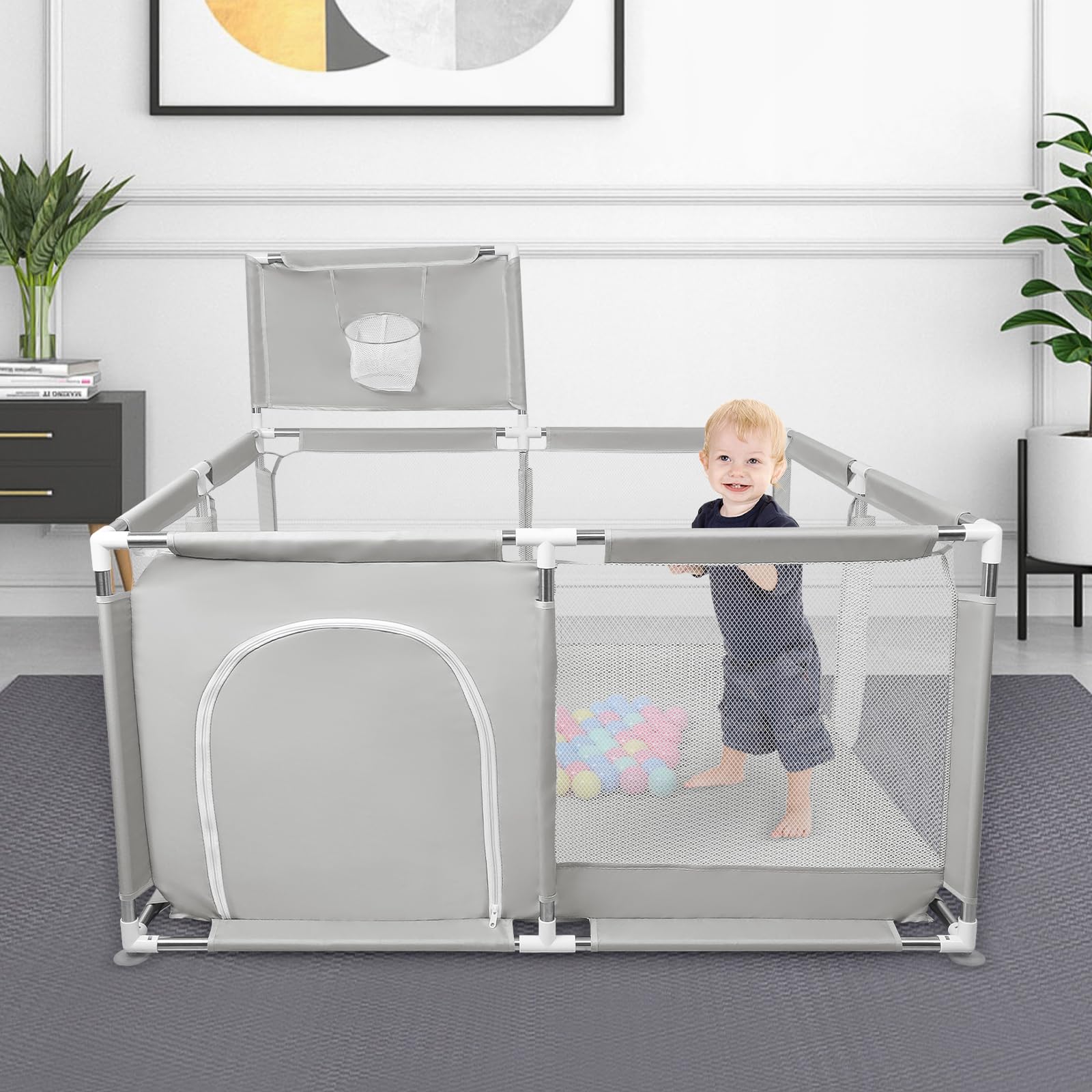 Parc Bebe, Parc Bébé Avec Tapis, Parc Bébé en Tissu Oxford, Petit Parc Enfant avec Barrières, Parc De Jeux Bébé pour Appartement Avec Balle-126 * 126 * 66 cm-gris clair