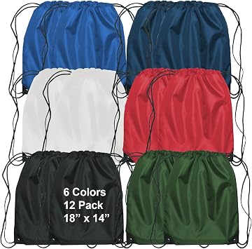 210D Polyester Blank Drawstring Bags, 18 x 14 in, 12 Pack, Assorted Colors | Durable sports backpacks for events, schools, travel, gyms, and giveaways.