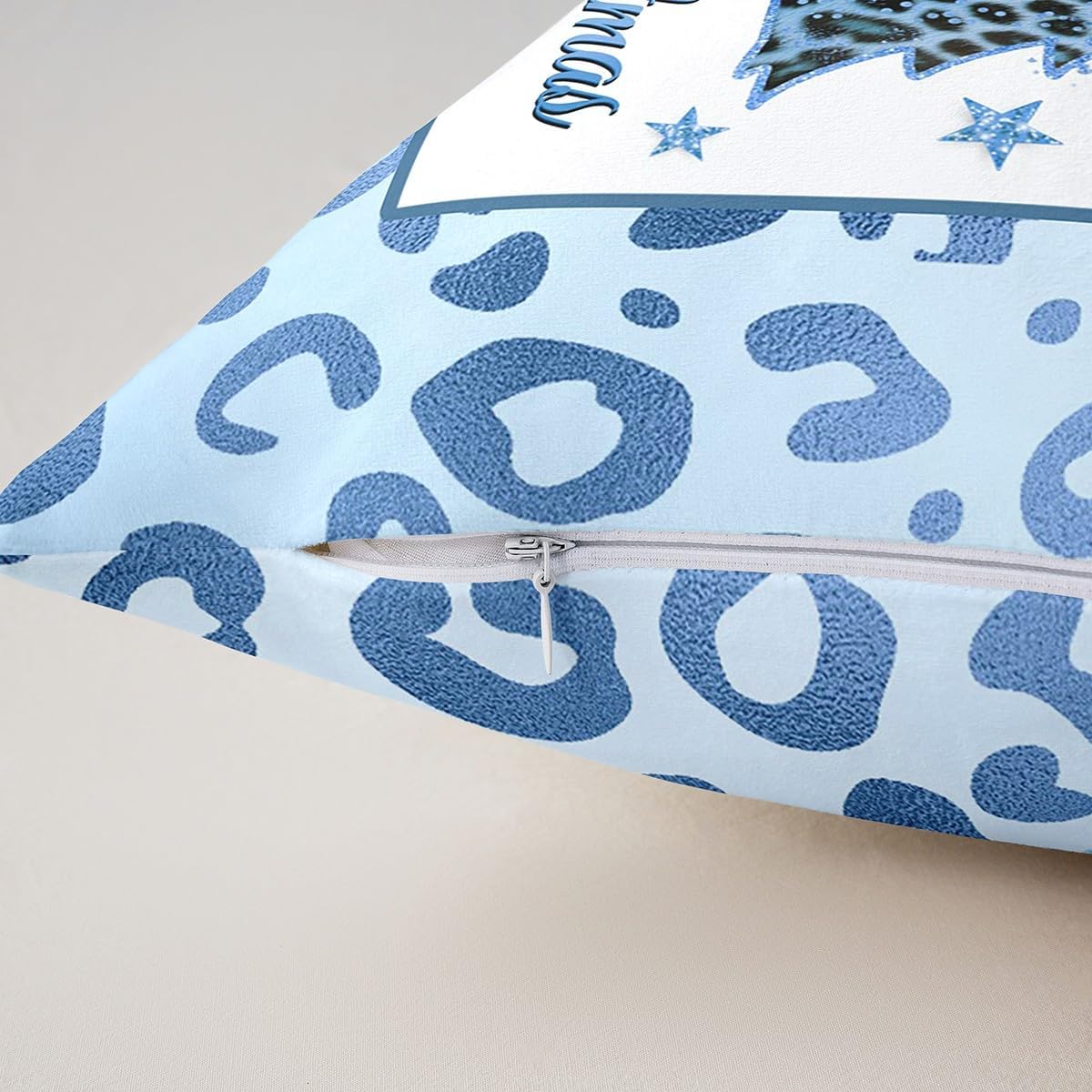 Blue Christmas Throw Pillow Covers Leopard Print Xmas Trees Decor Pillow Cases for Kids Teens Adults Glitter Winter Snowflake Stars Cushion Covers for Office Party Chairs 22x22 Inch Set of 2