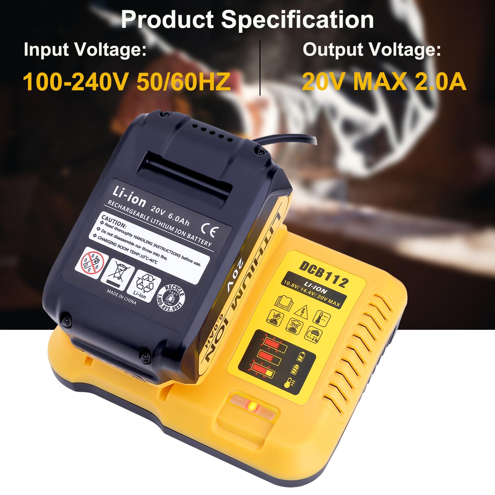 DCB112 - Cargador de batería de repuesto para batería de iones de litio Dewalt 12V 20V y 60V MAX DCB205 DCB201 DCB200 DCB612 DCB609-2 DCB609 DCB606 DCB606-2 DCB208 DCB206 06-2 DCB204 DCB203 DCB126