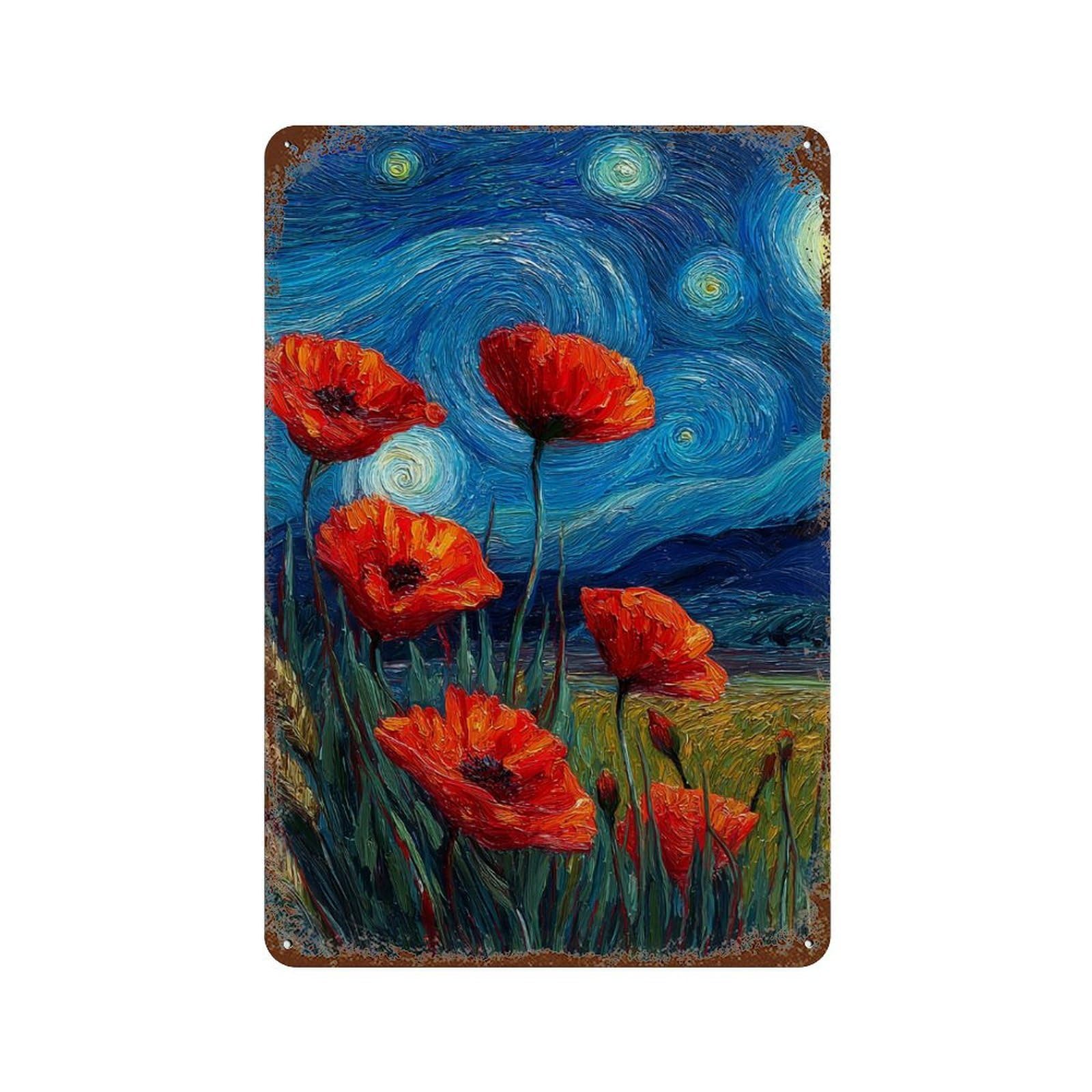 Starry Night Poppies Vintage Rust Metal Sign 11.8"x7.9", Shabby Chic Decor for Garage, Pub Or Kitchen