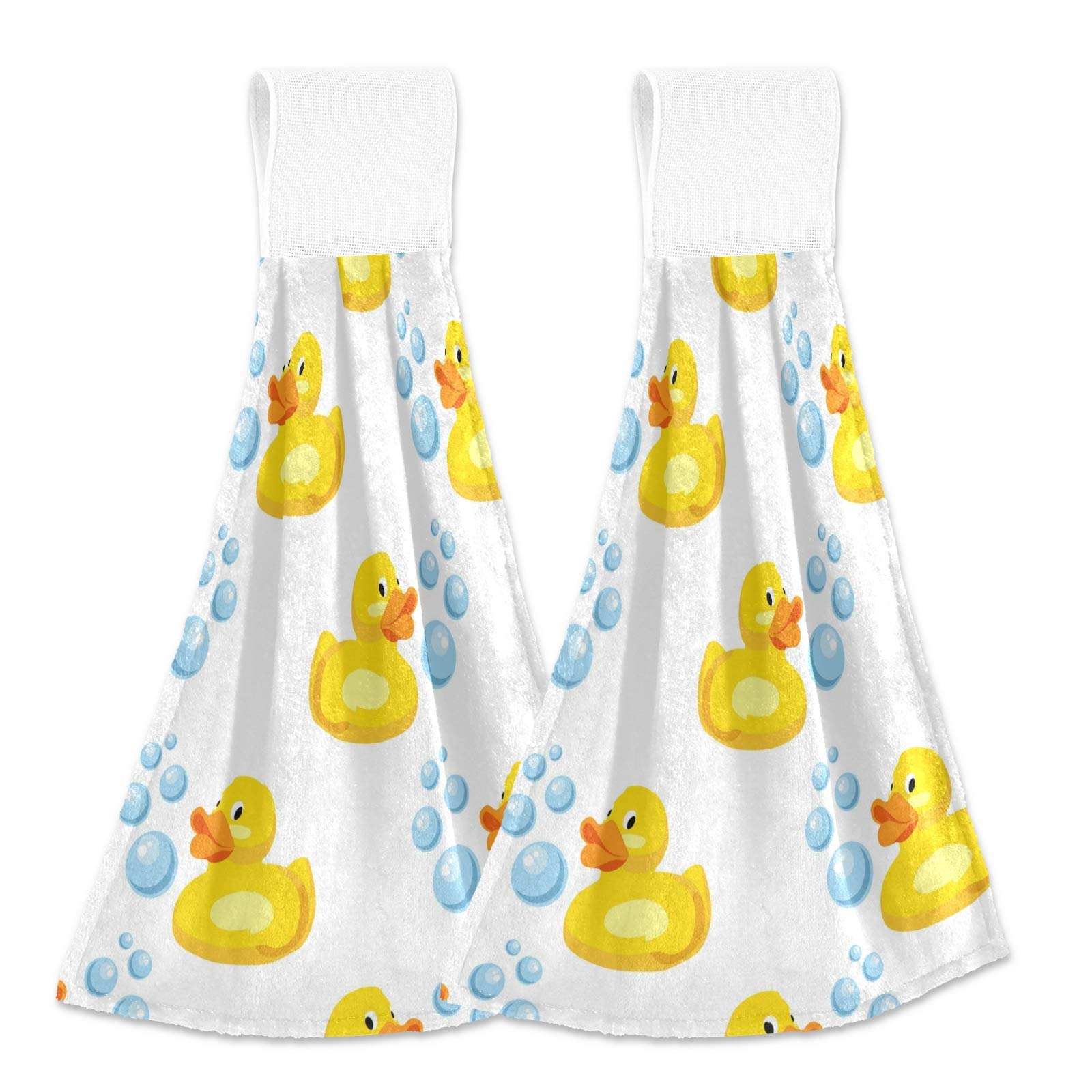 MCHIVER 2 Pcs Hanging Kitchen Hand Towels with Loop, Yellow Rubber Ducks Decorative Towels Absorbent Towel for Bathroom, Laundry Room