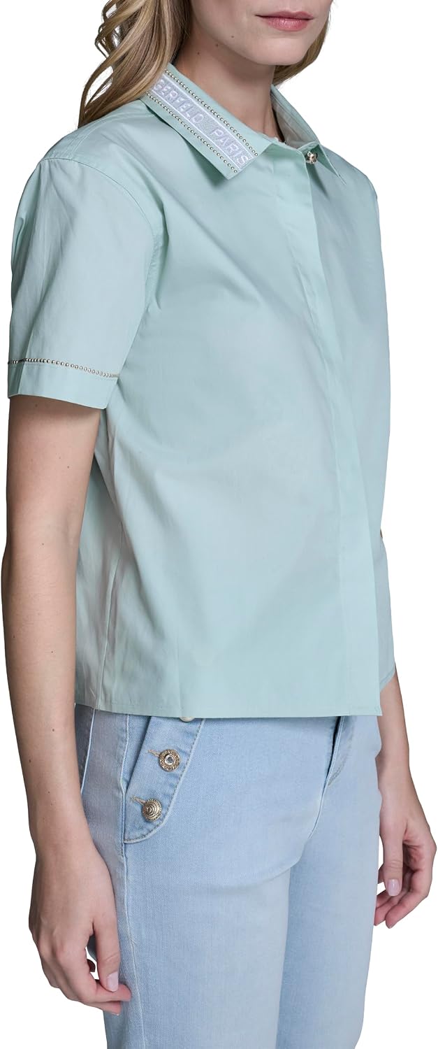 Karl Lagerfeld Women's Short Sleeve Gold Bead Collar Button Down Solid Cropped Blouse