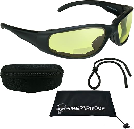 Yellow Night Vision Motorcycle Riding Bifocal Sunglasses foam padded +1.50 for Men and Women. Free Hard Case and Sunglass ...
