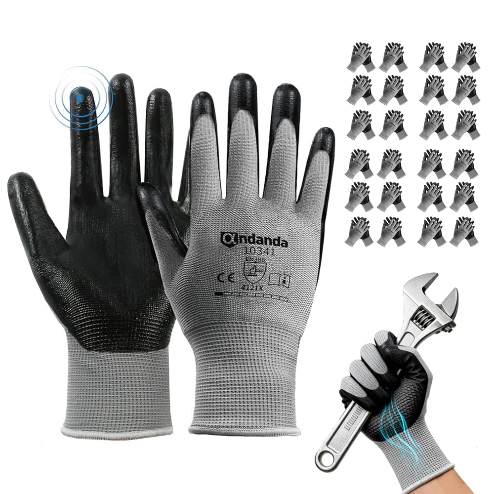 ANDANDA Lot de 24 paires de gants de travail avec revêtement en nitrile pour travaux généraux tels que la logistique/l'assemblage/les travaux publics Noir/M/L/XL