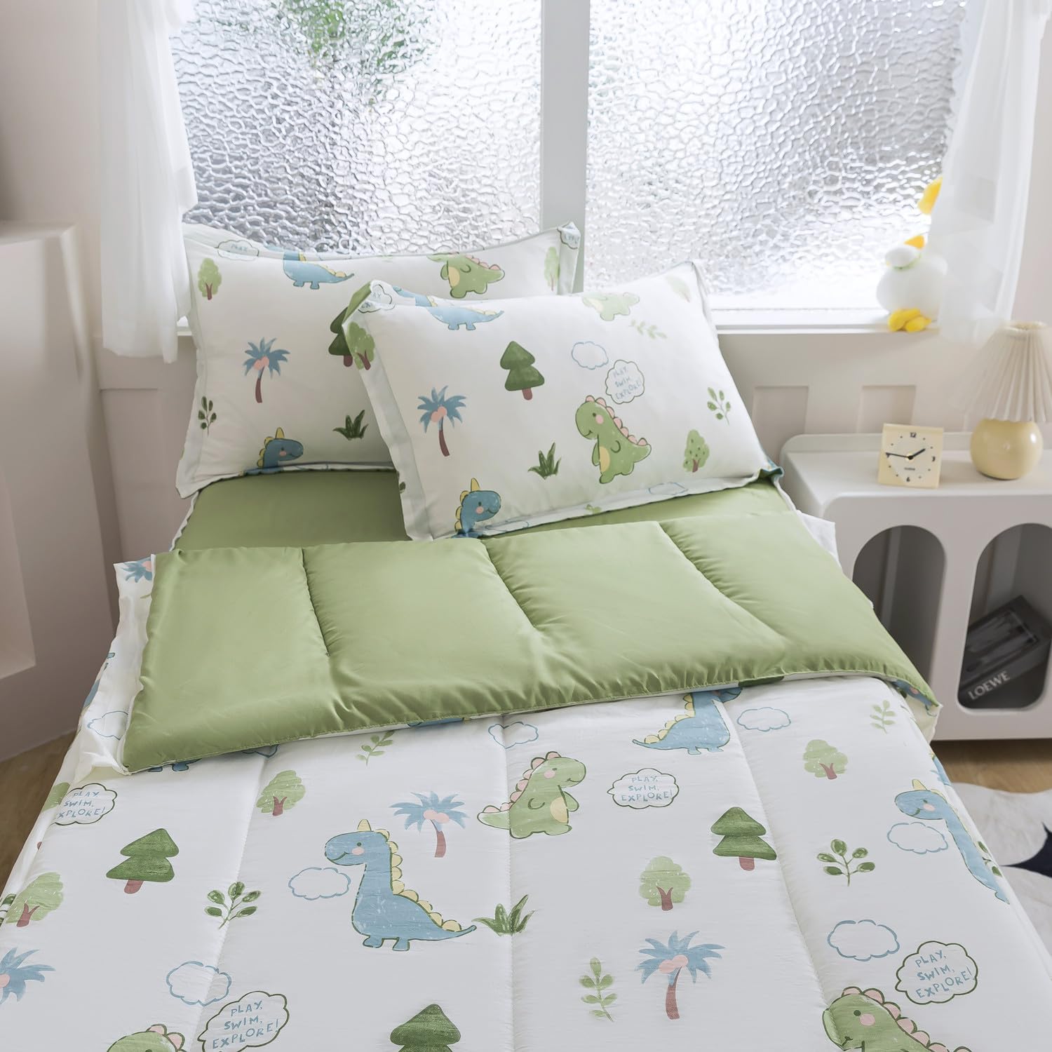 qjmiaofang Kids Zipper Bedding Twin Dinosaur Comforter Set 4Pcs Zip Up Bedding for Boys Girls All in One Zipper Comforter with Sheets All Season Little Cute Dinosaur Bed Set with Fitted Sheet Decor - Image 5