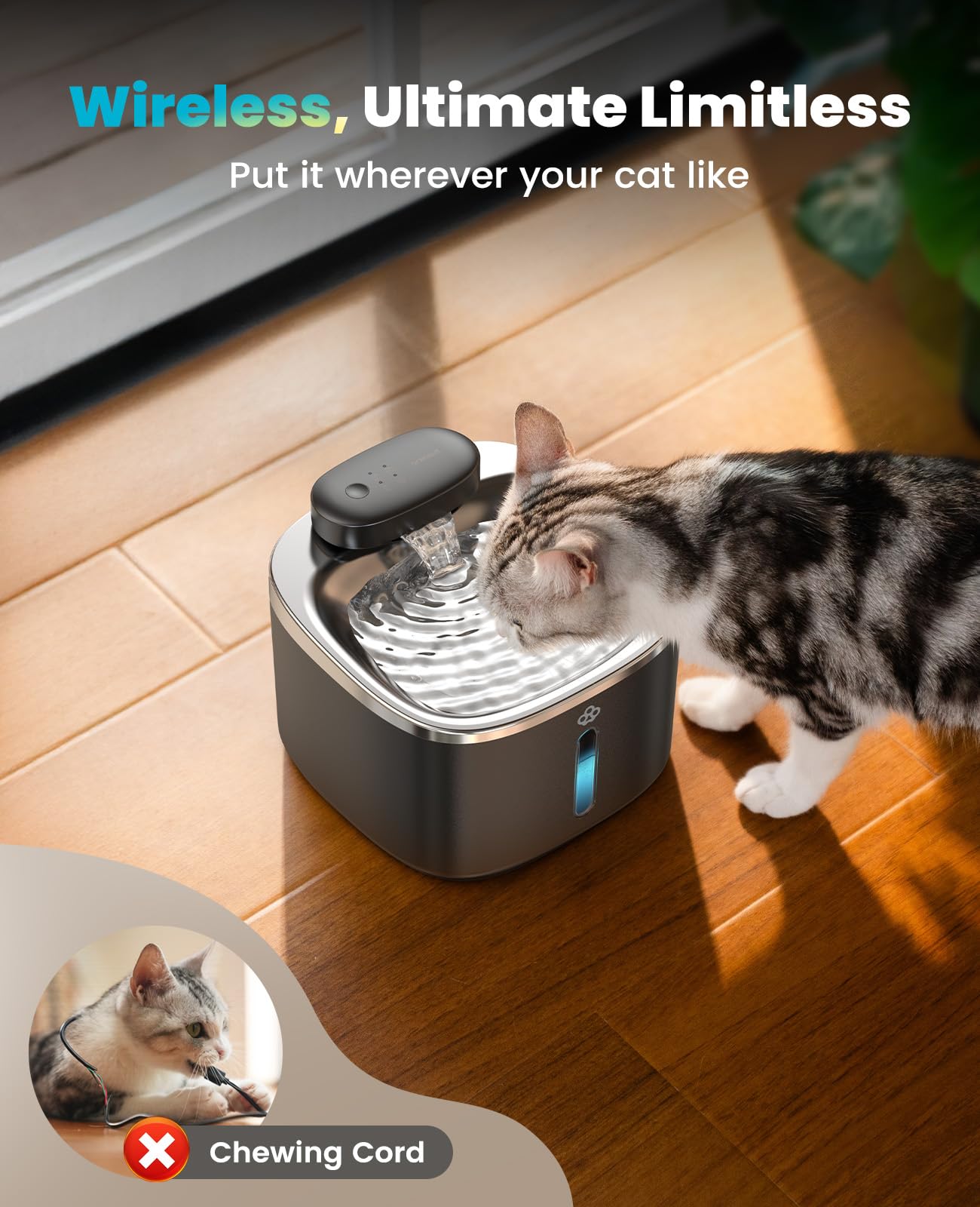 oneisall Kabelloser Katzenbrunnen zum Trinken, 3,5 l Edelstahl-Katzenbrunnen, leise, batteriebetrieben, schnurloser Wasserbrunnen für Katzen, Haustier-Trinkbrunnen mit 3 Filtern