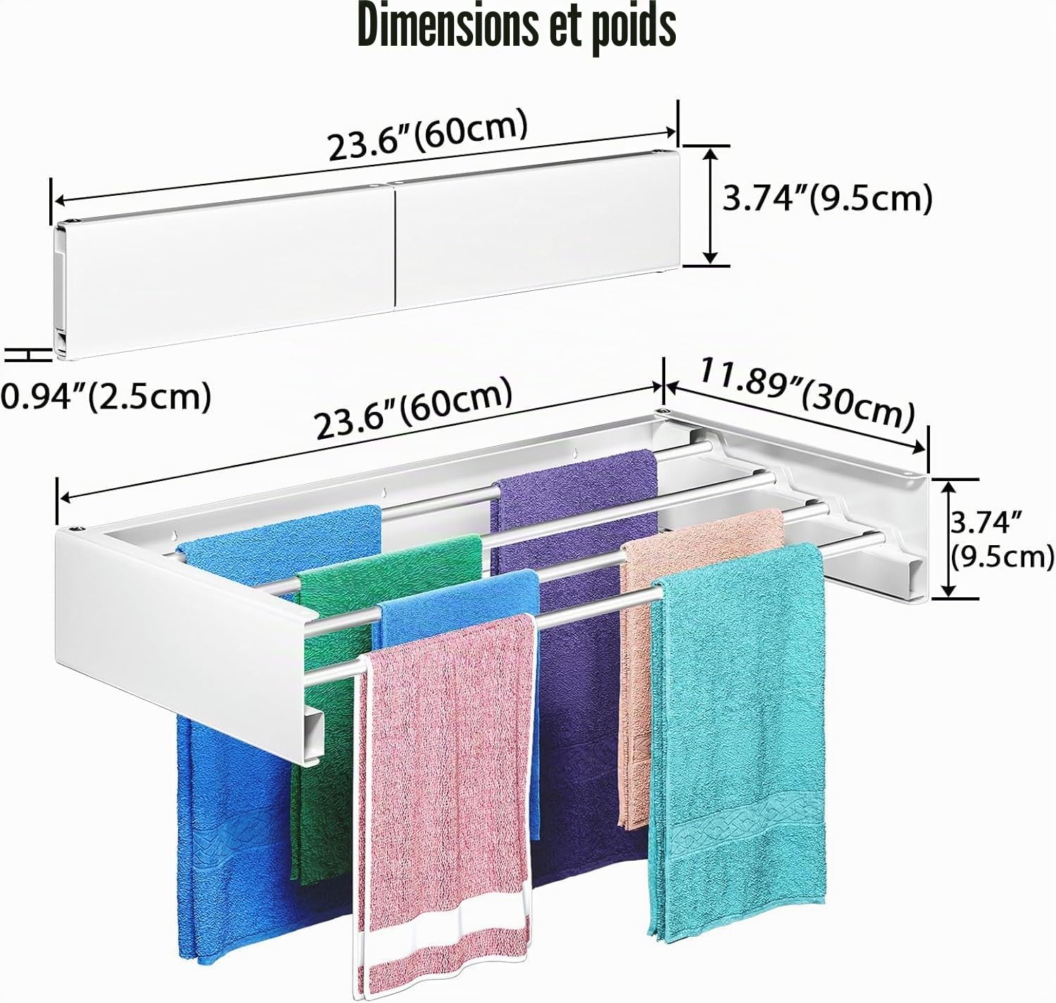 Étendoir mural – 60 cm de large, 9,9 m pieds linéaires, 4 tiges en aluminium, capacité de 18,1 kg avec gabarit mural, tournevis, foret