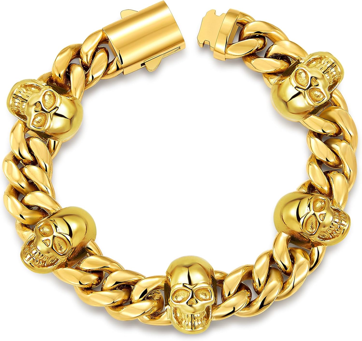 TUNGSTORY Men's Cuban Link Bracelet - 18K Gold Filled 12mm Stainless Steel Skull Chain Bracelet, Secure Box Clasp, Hypoallergenic, Water Resistant, Non Tarnish, All-Day Comfort Wear Hip Hop Gift, 8IN