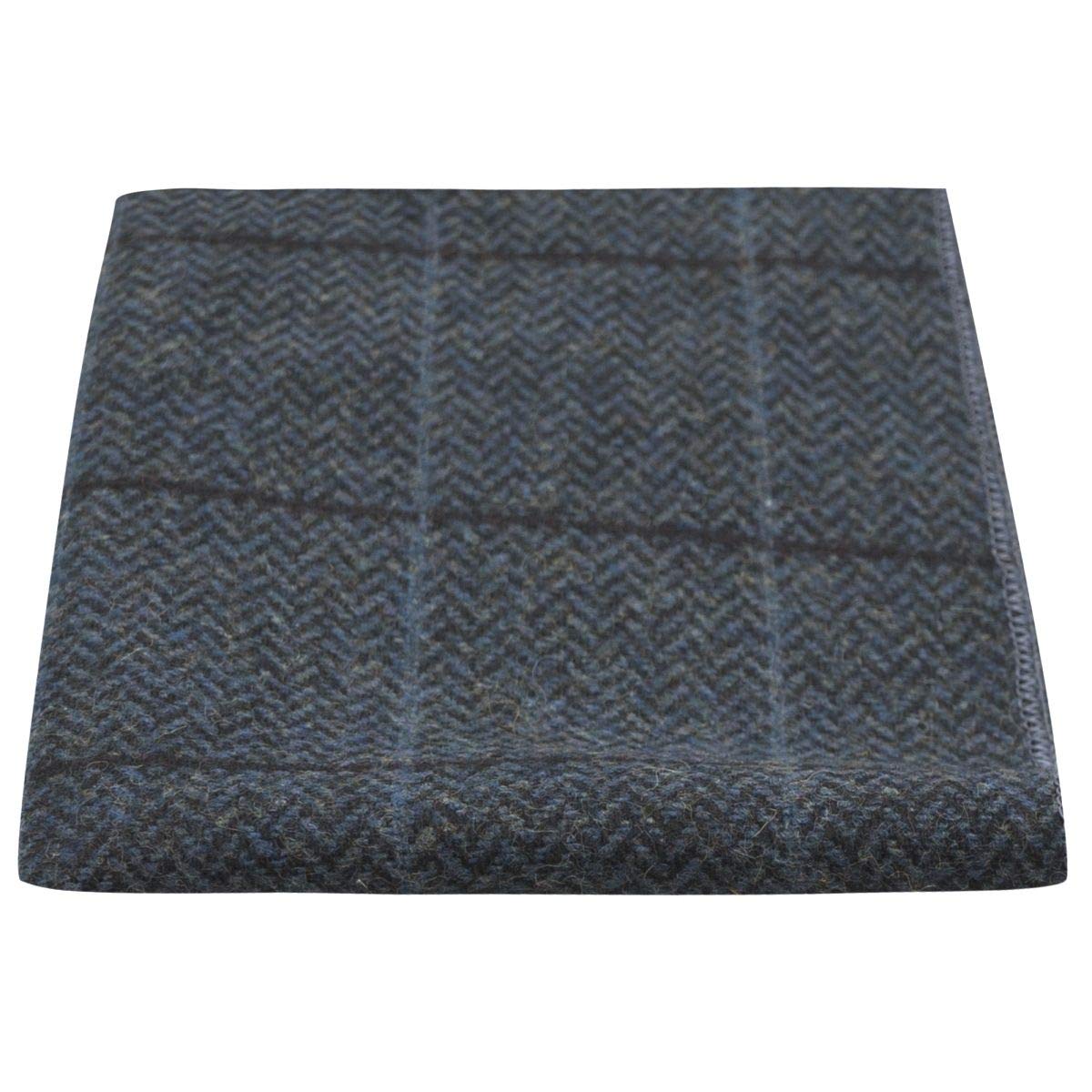 King & Priory Luxury Aegean Blue Herringbone Check Pocket Square, Handkerchief, Tweed