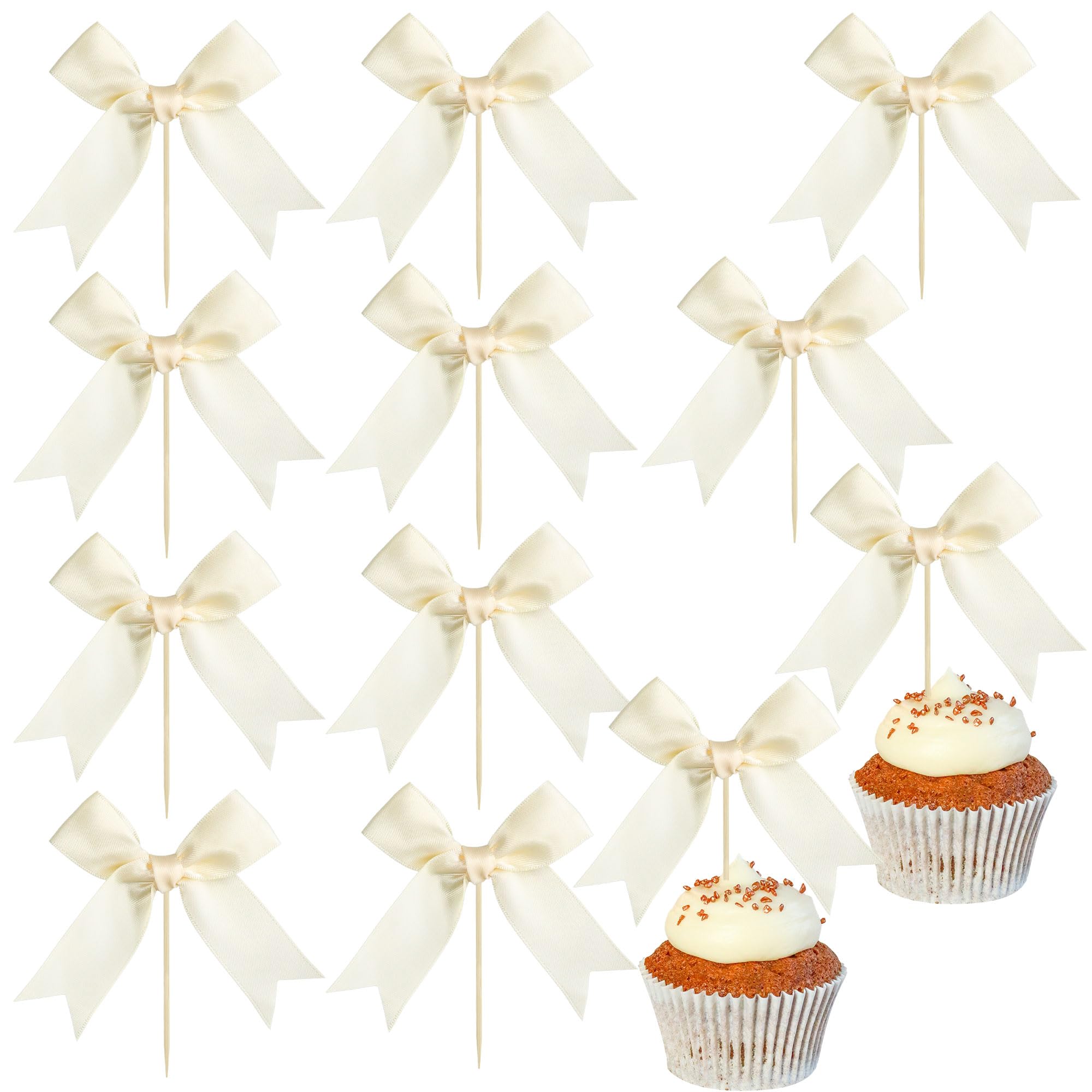 Ephlyn 24Pcs Bow Cupcake Toppers Bowknot Cake Toppers Bow Cupcake Picks Bowknot Birthday Party Decorations for Wedding Bridal Engagement Baby Shower Birthday Party Supplies Beige