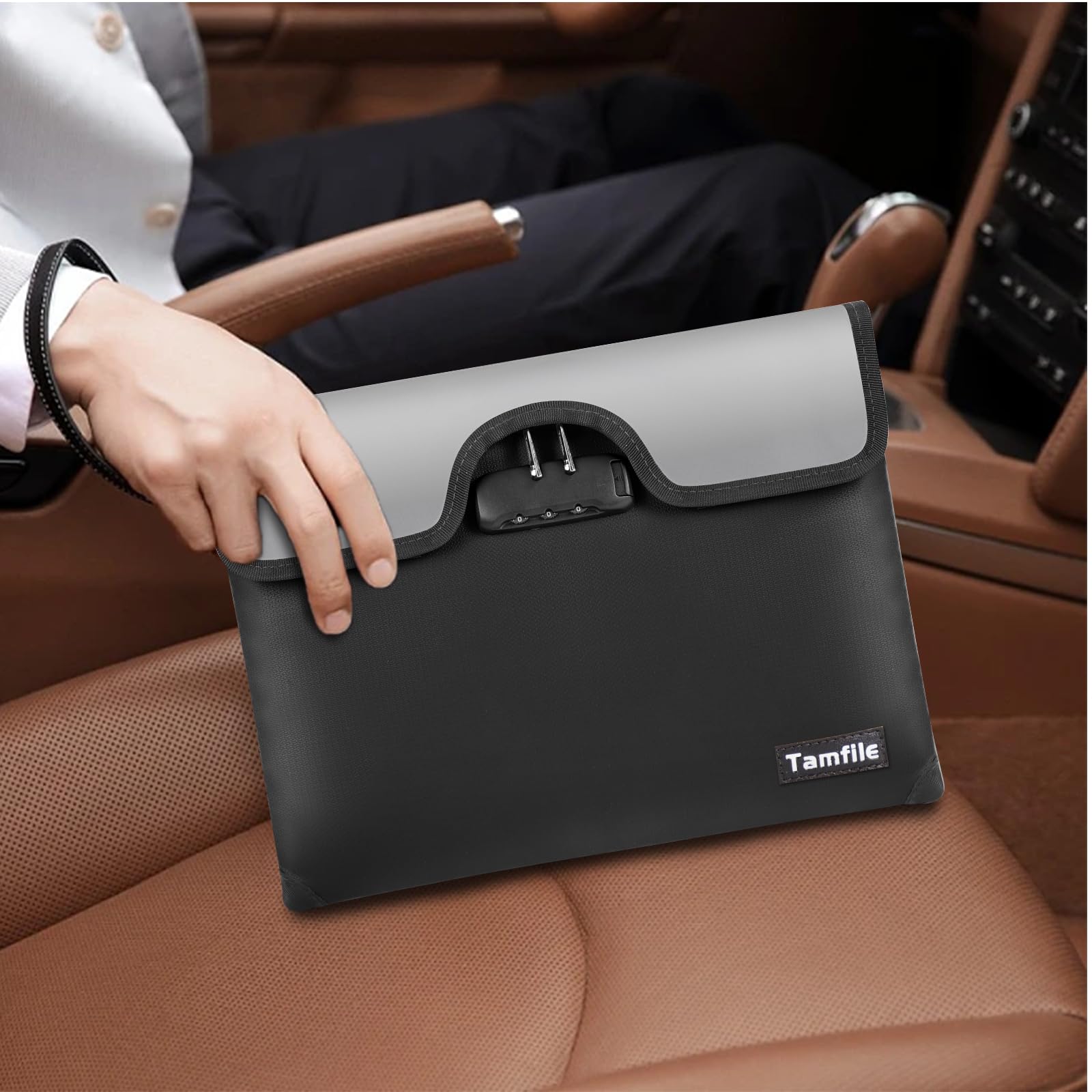 Tamfile Sac à Documents Anti-feu 5200°F avec Serrure, Sac d'argent Résistant à l'eau 34 * 25CM, Bande de Pochette de Rangement Ignifuge pour Documents, Bijoux, Passeport, Tablette, Noir