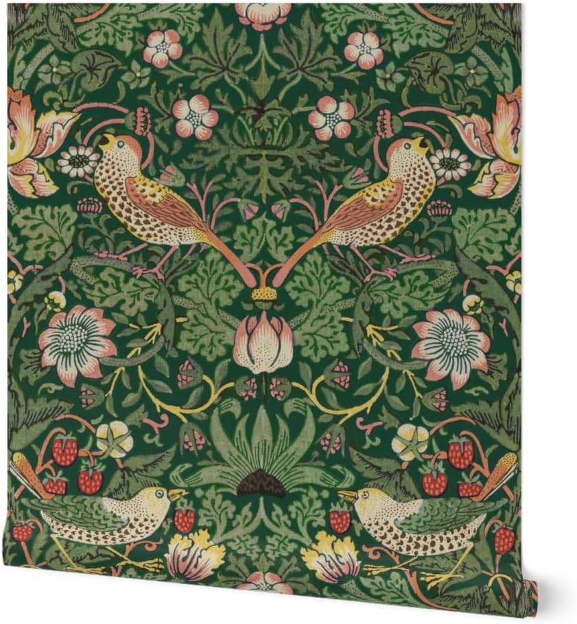 Peel & Stick Wallpaper Swatch - William Morris Victorian Antique Green Forest Garden Damask Art Nouveau Nature Birds Fruits Custom Removable Wallpaper by Spoonflower