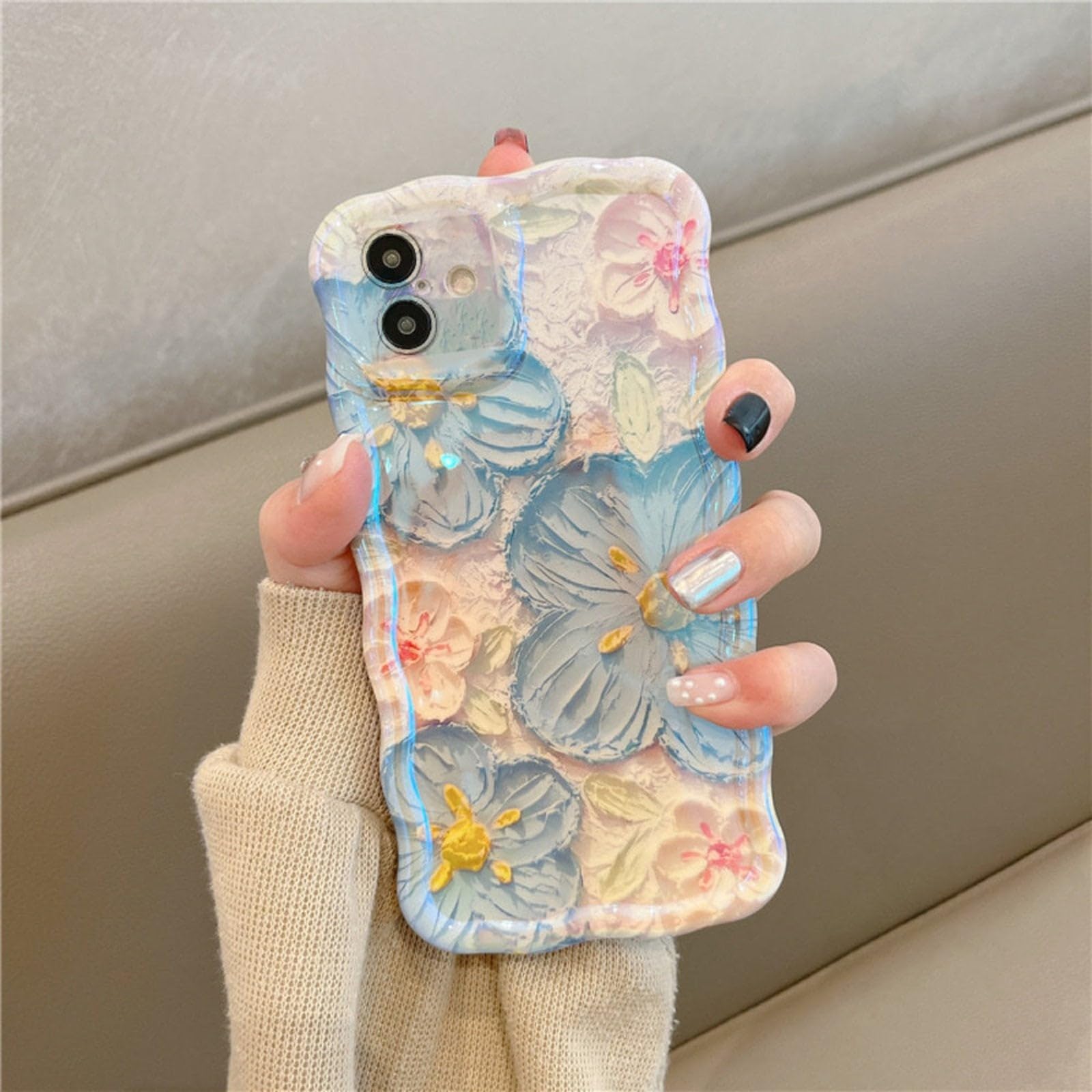 Case for iPhone 16 Colorful Retro Flower Laser Glossy Pattern Cute Curly Waves Border Exquisite Phone Cover Stylish