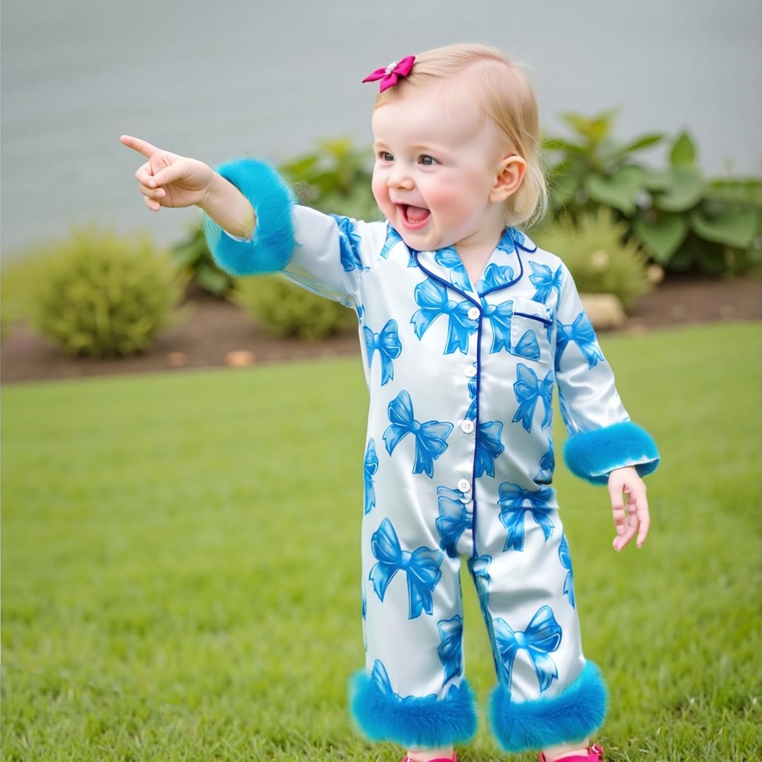 woshilaocai Baby Girl Silk Pajamas Bow Feather Trim Sleeve Button Down Romper Overall Jumpsuit Newborn Satin Pjs Nightgown - Image 4