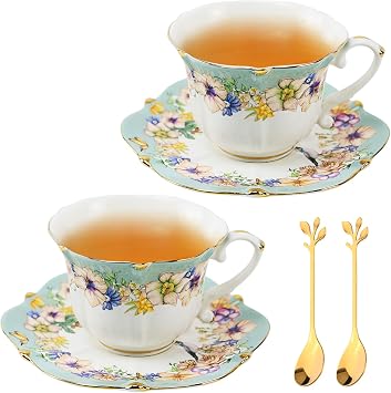 Country Roses Porcelain Tea Cup and Saucer Set with Gold Trim, Vintage Style, For Women and Tea Parties 2, Light Cyan