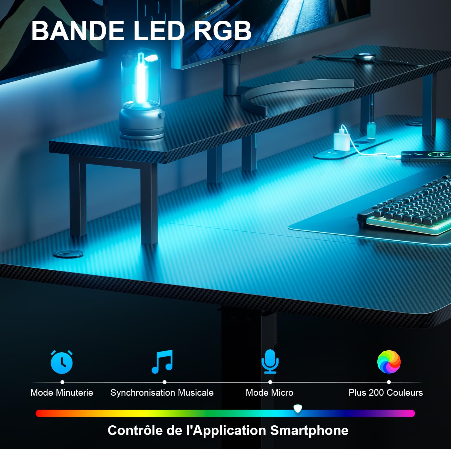 HLFURNIEU LED Bureau Assis Debout Electrique 120 x 60 cm, Bureau Gaming avec Prise Intégrée & Port USB, Table Ordinateur avec Support d'Écran, 2 Contrôle à Fonctions Mémoires, Table Gaming Noir