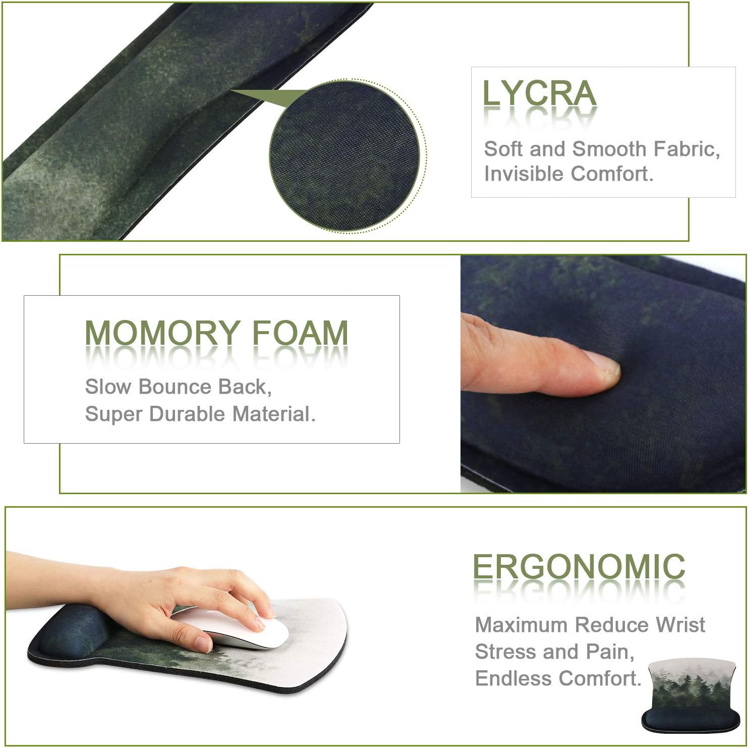 iLeadon Keyboard Wrist Rest Pad and Mouse Wrist Rest Support Mouse Pad Set, Non Slip Rubber Base Wrist Support with Ergonomic Raised Memory Foam for Easy Typing & Pain Relief, Forest