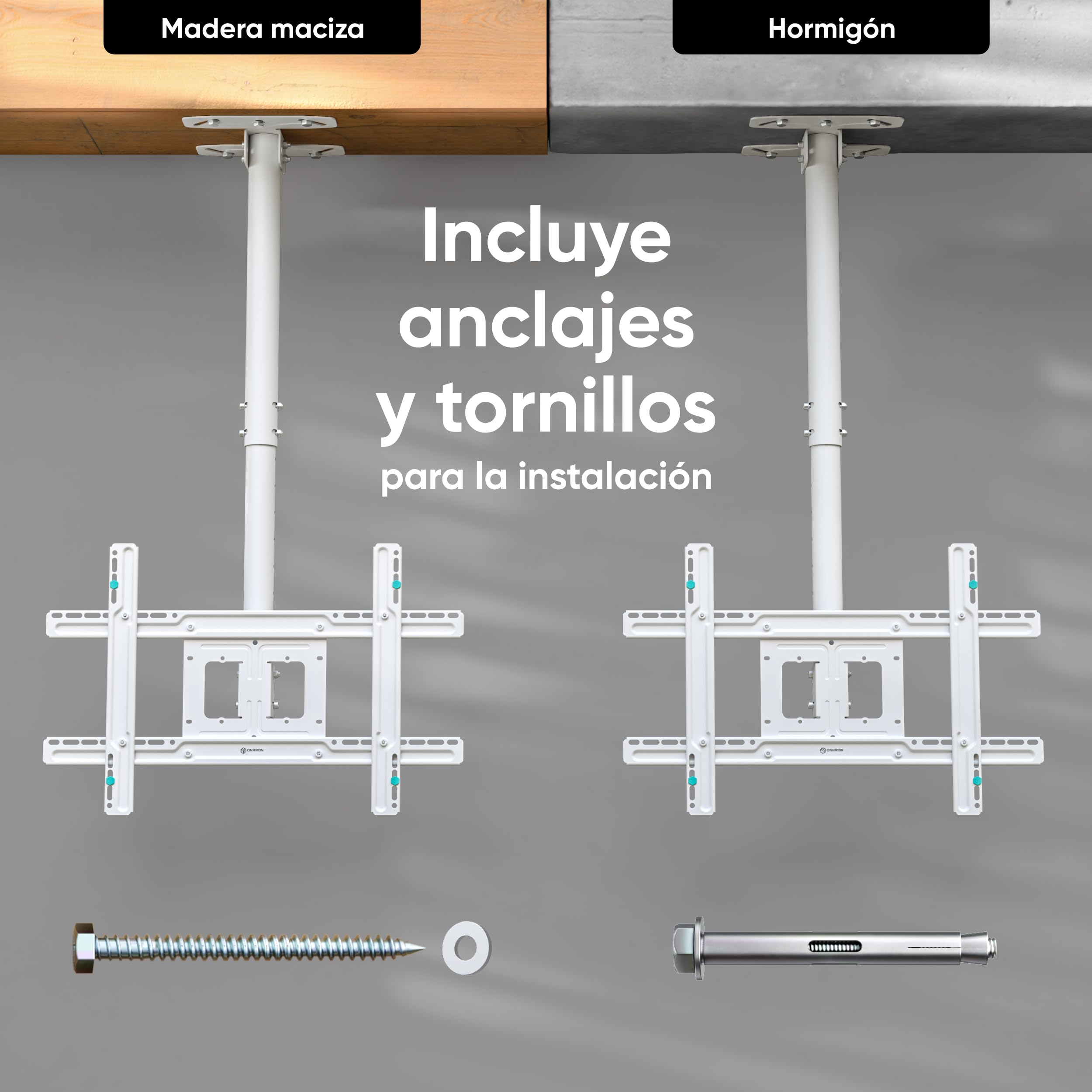 ONKRON Soporte TV Techo 32-80 Pulgadas, hasta 68,2 kg, Brazo Television VESA 100x100-600x400 mm, Soporte TV Pared Telescópico, Giratorio e Inclinable, Sujeción para Pantalla Universal, Blanco N1L-W