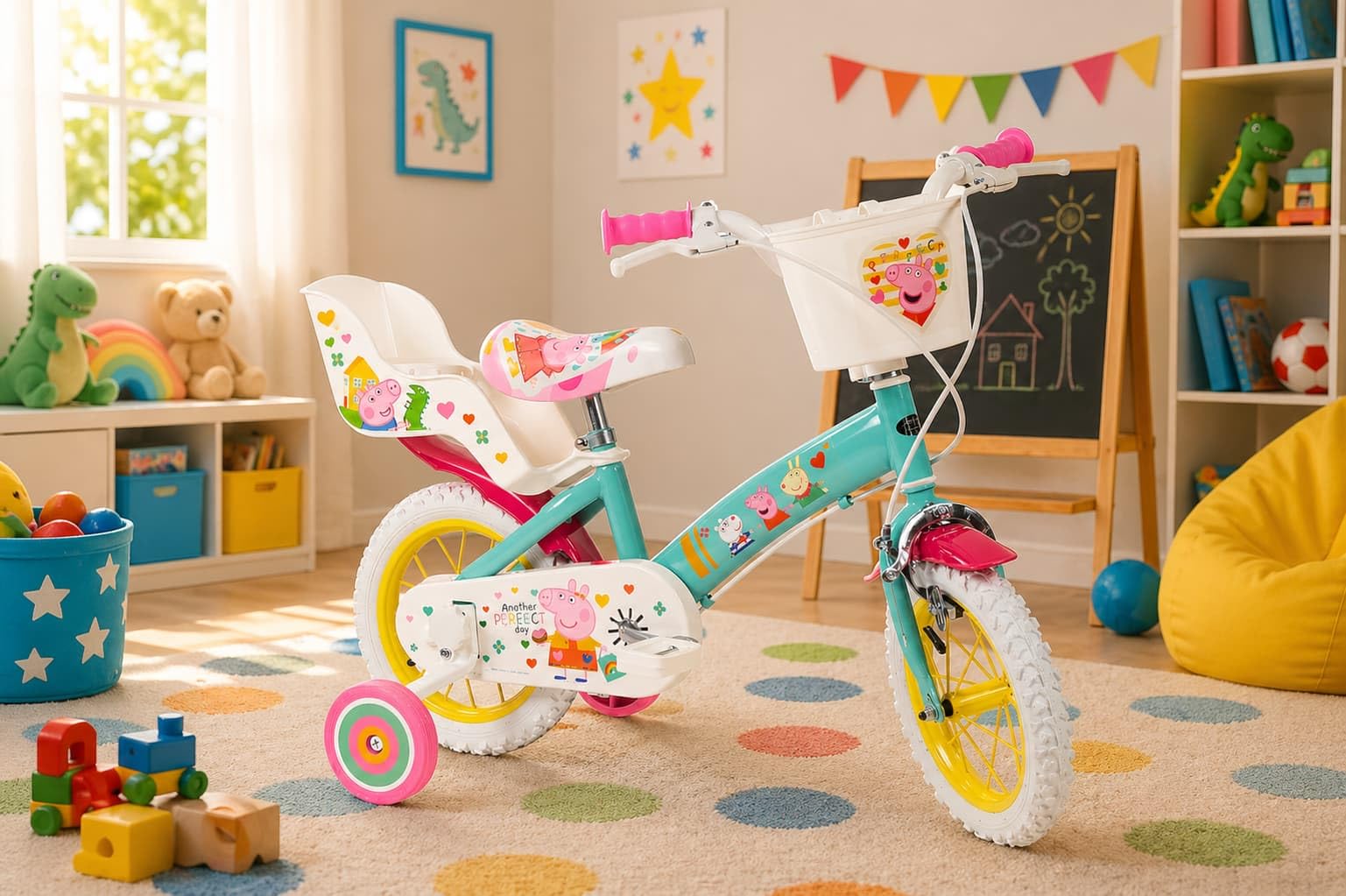 Kinderfahrrad Peppa Pig 12 Zoll mit Stützrädern Korb Puppensitz 3-5 Jahre