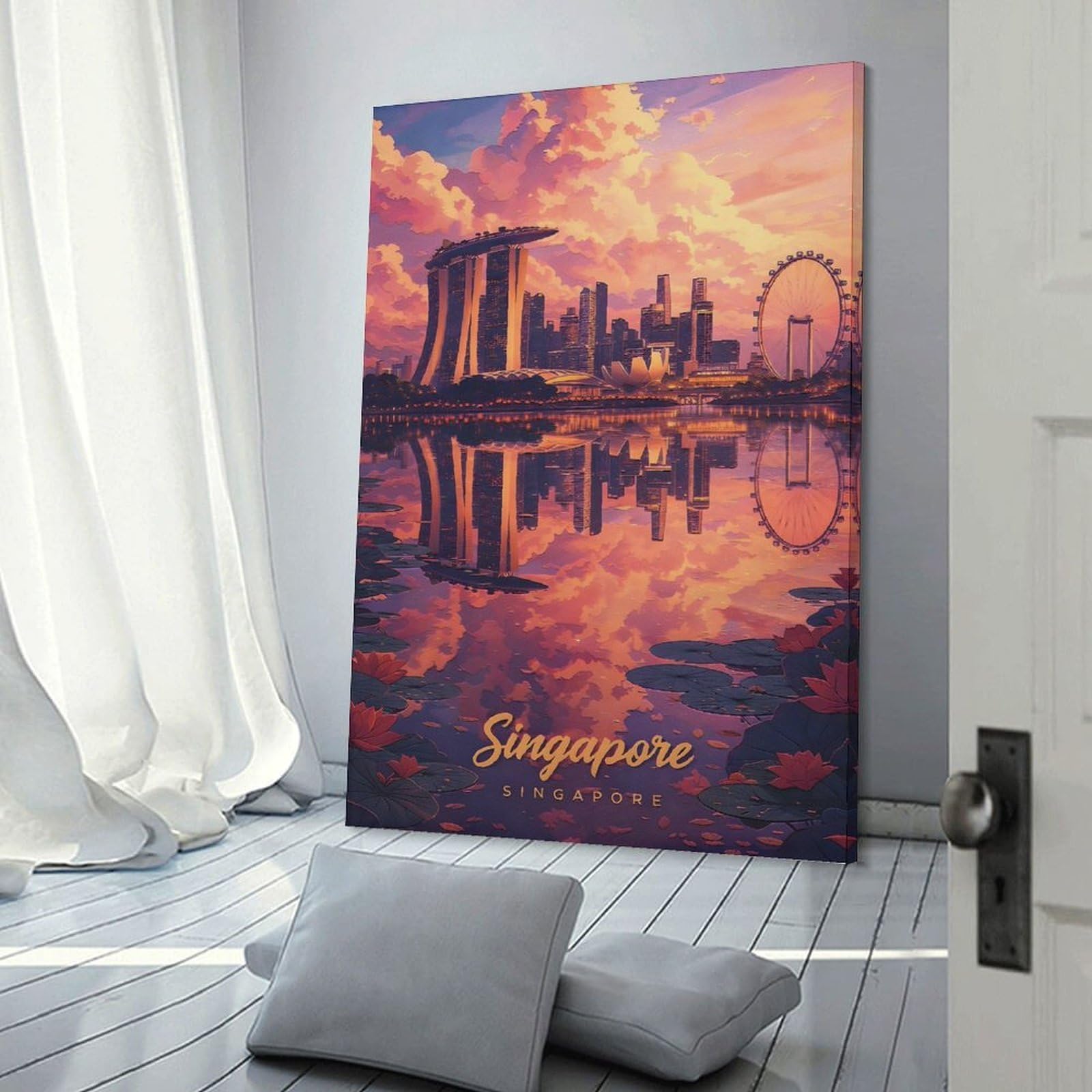 Junmoney Decorative Wall Artwork Singapore Skyline at Sunset(2), 24x36inch(60x90cm), for Living Room, Bedroom Or Apartment Walls, Decorative Artwork for Empty Walls