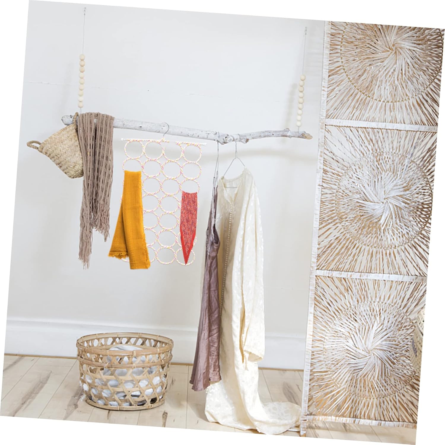 Foldable Shawl Ring Hanger, 28 Rings, Natural Paper Rope Iron