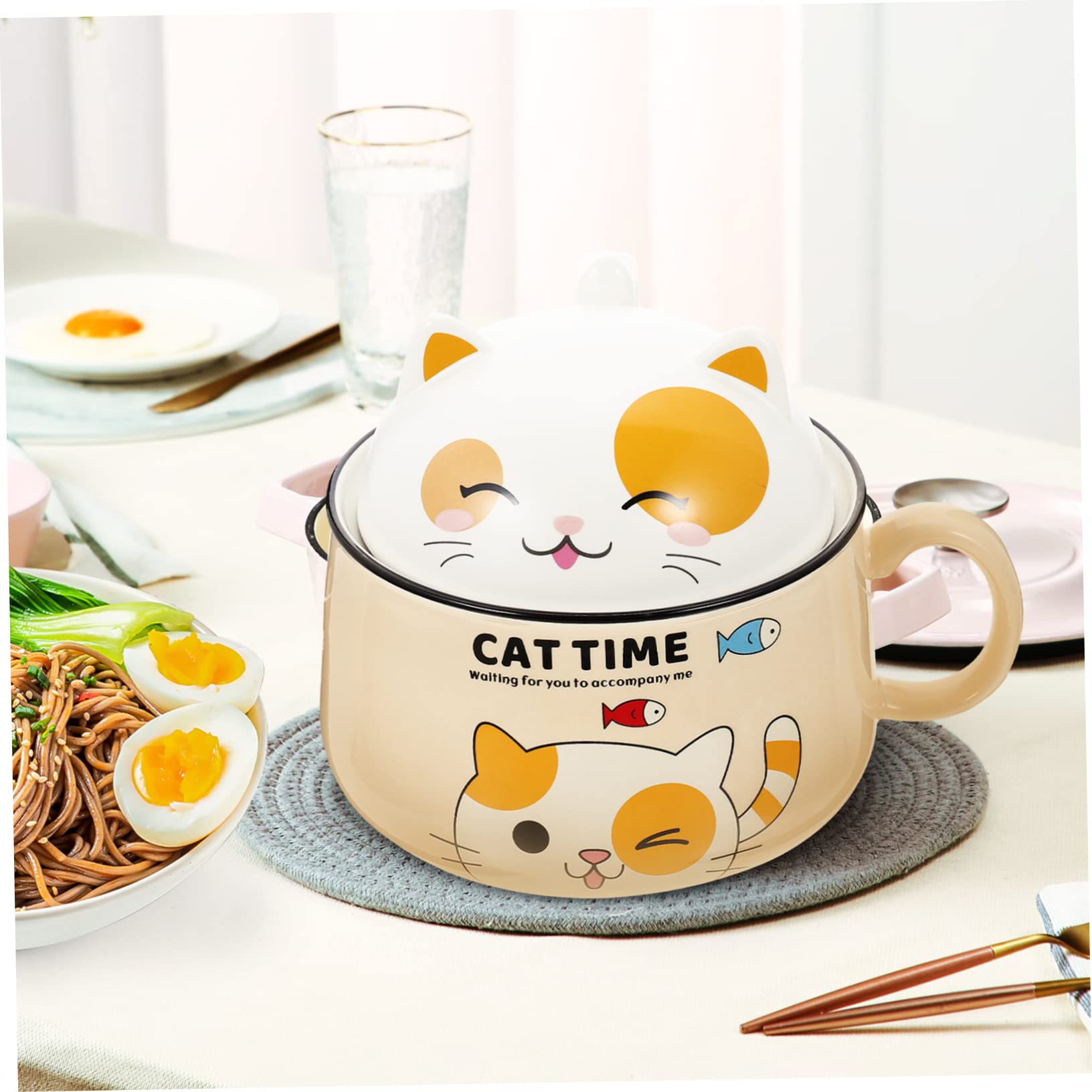 Amosfun Ciotola in Materiale Ceramico Gialla a Forma di Gatto Capacità 1020ml Multiuso senza Sbavature per Zuppa e Riso in Casa o Hotel