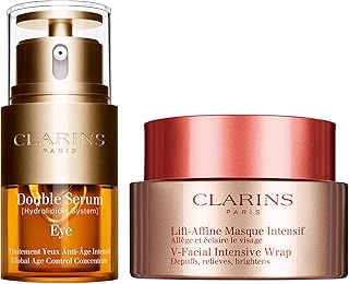 Clarins V-Facial Wrap Face Mask and Double Serum Eye Bundle | Depuffing Face Mask | Anti Aging Eye Cream | Visibly Smooths, Firms, Hydrates and Revitalizes for More Youthful-Looking Eyes in 7 Days*