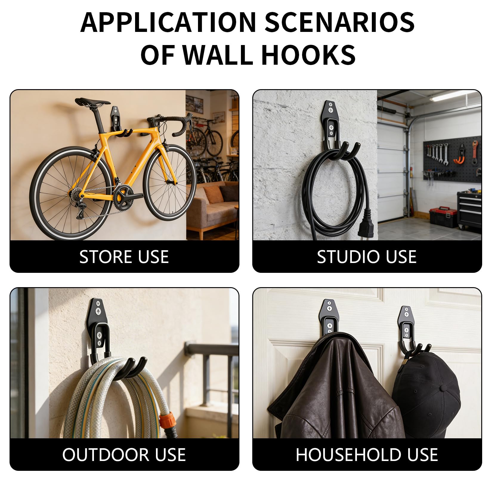 Ganchos de garaje resistentes, paquete de 3 ganchos de acero para colgar bicicletas, escaleras, herramientas de jardín, ganchos organizadores de utilidad con tornillos para cobertizo, taller y hogar — view 4