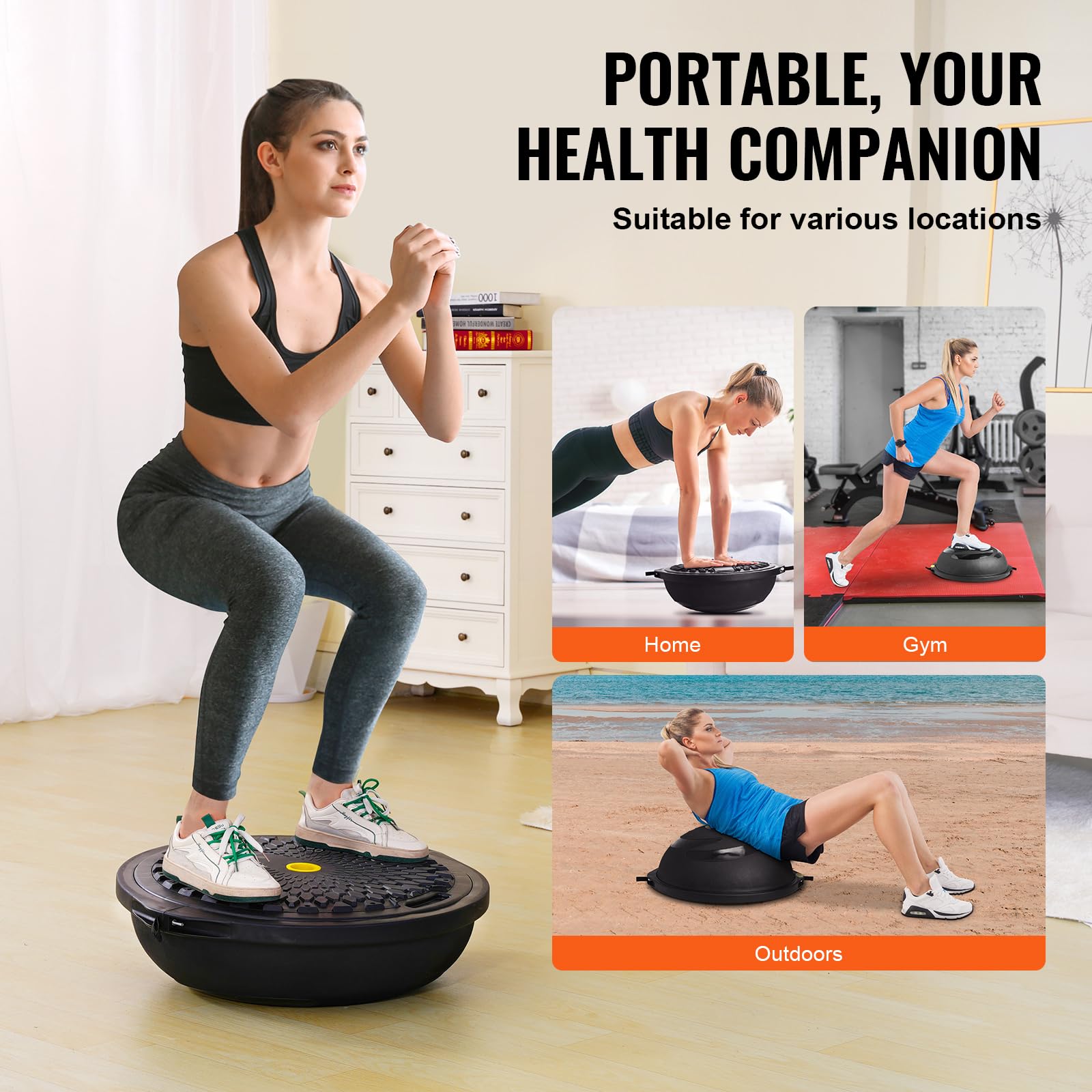 VEVOR Trener piłki do połowy ćwiczeń, 66 cm, piłka balansowa, nośność 680 kg, piłka do jogi z taśmami oporowymi i pompką nożną, piłka fitness do domu, na siłownię, trening całego ciała, kolor czarny
