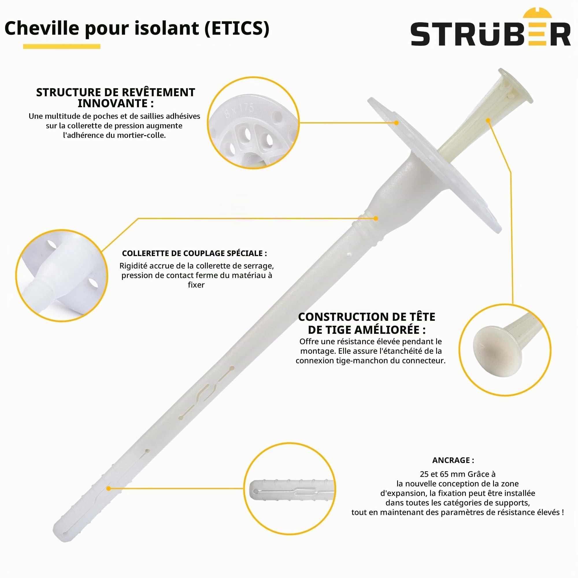 STRÜBER Cheville d'isolation à frapper avec clou plastique (Ø8 x 195 mm / 200 pcs) - Chevilles isolante pour ITE - Chevilles de fixation de panneaux isolants - ETA