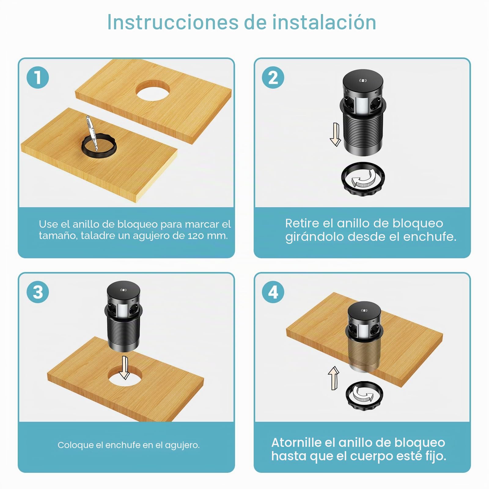 Enchufe Empotrable Mesa USB C 4 Enchufes, Regleta Enchufes con 4 USB Empotrable Retráctil, Regleta de Mesa con Cargador Inalámbrico, 3680W/16A, 1,7m Cables, Negro