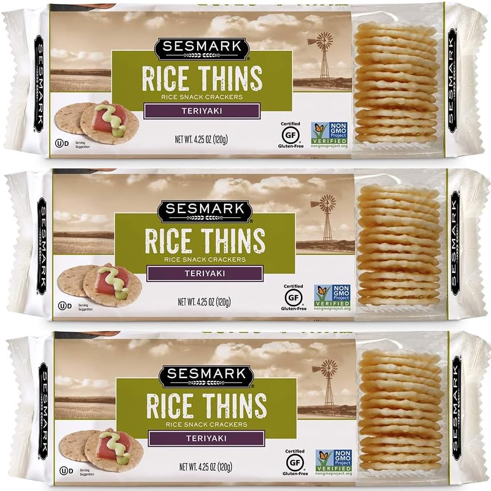 SesmarkTeriyaki Rice Thins - Gluten-Free, Non-GMO Verified, Kosher - Flavorful, Crispy, and Wholesome Gluten-Free Snacks - 4.25oz (Pack of 3)