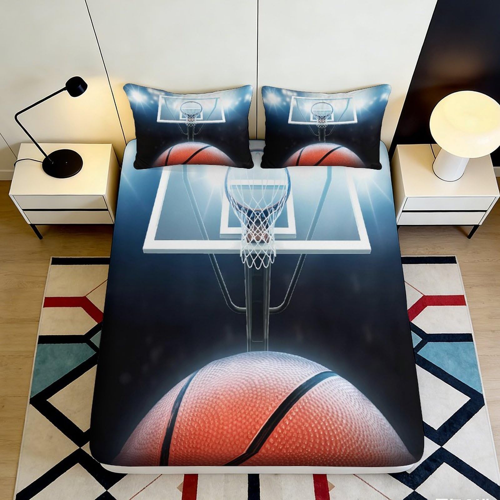 3D Printed Basketball Court Fitted Sheet Microfiber Durable Soft Blue 3D Printed Basketball Mattress Cover for Bedroom Dormitory Guest Room Protection 180x200x25cm