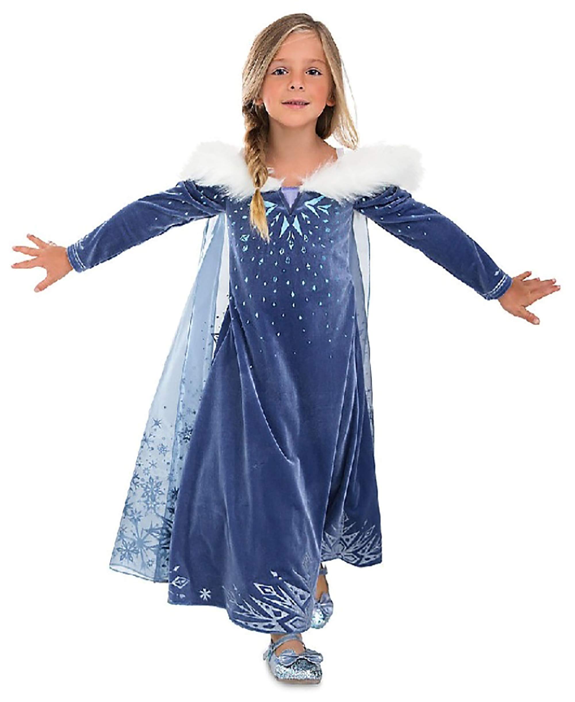New front Carnevale Elsa Vestito Set, Costume Blu Vestito Abito da Principessa per la Festa Invernale, Bambina Costume con Colletto Cosplay Abiti Gonna Corona Bacchetta Magica Orecchino,Blu,120