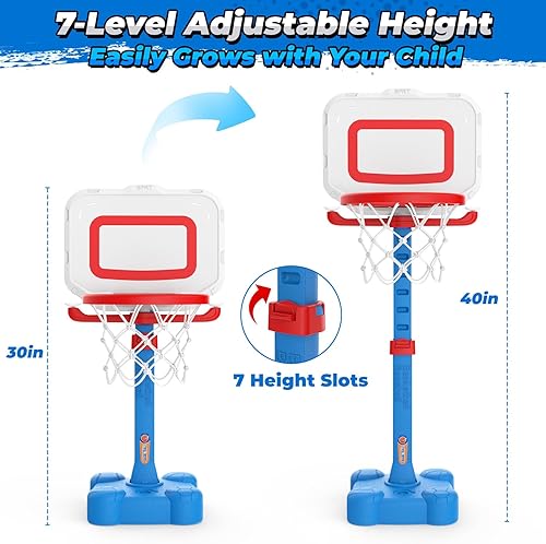 Miniatura 5 de EagleStone Juego de aro de baloncesto 4 en 1 y pelota en T, altura ajustable, juguete de lanzamiento de pelota y anillo, regalo deportivo al aire
