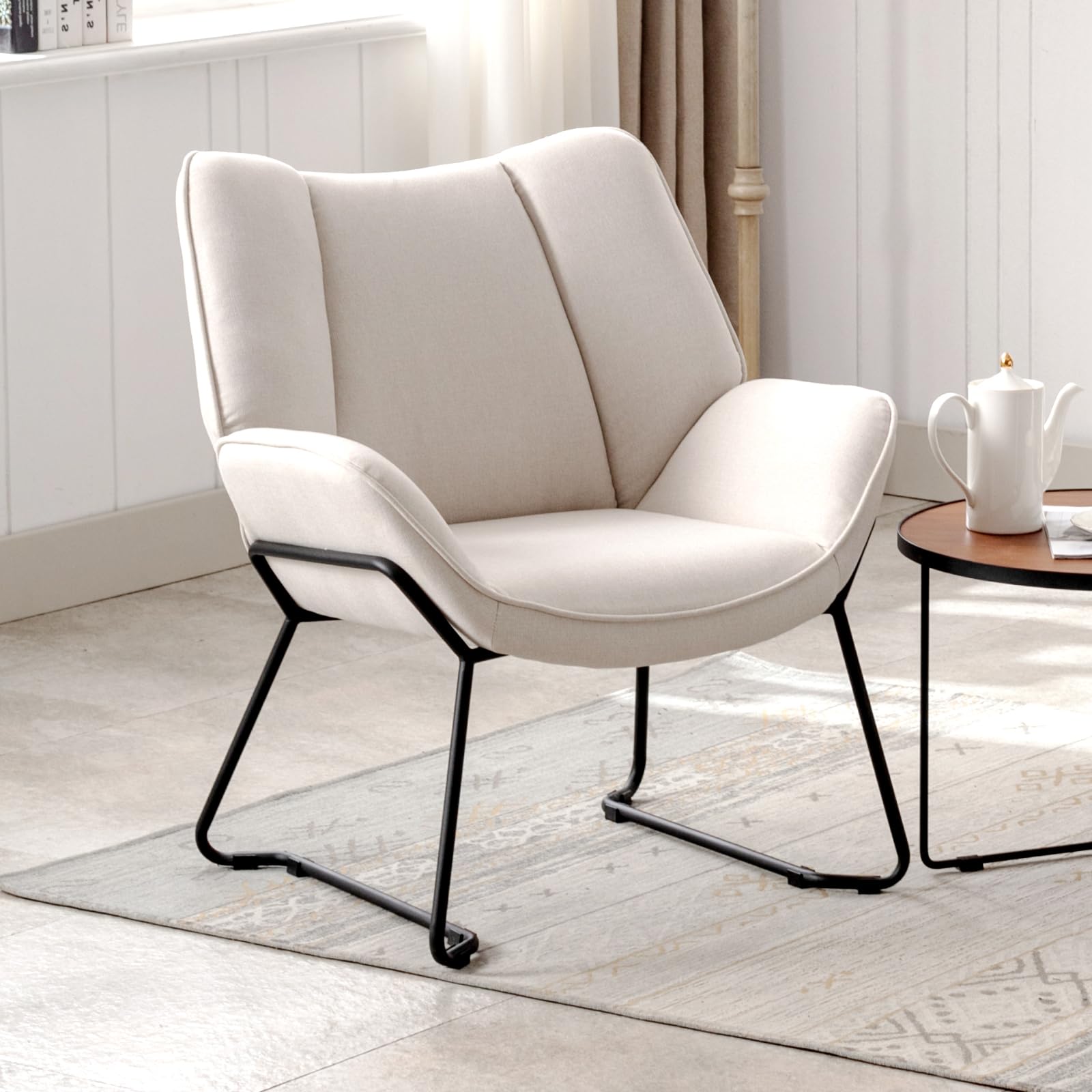 chairus Poltrona Salotto Poltrona Imbottite in Tessuto di Lino Poltroncina da Salotto con Braccioli Poltrone Moderne con Gambe in Metallo per Soggiorno/Camera da Letto, Beige
