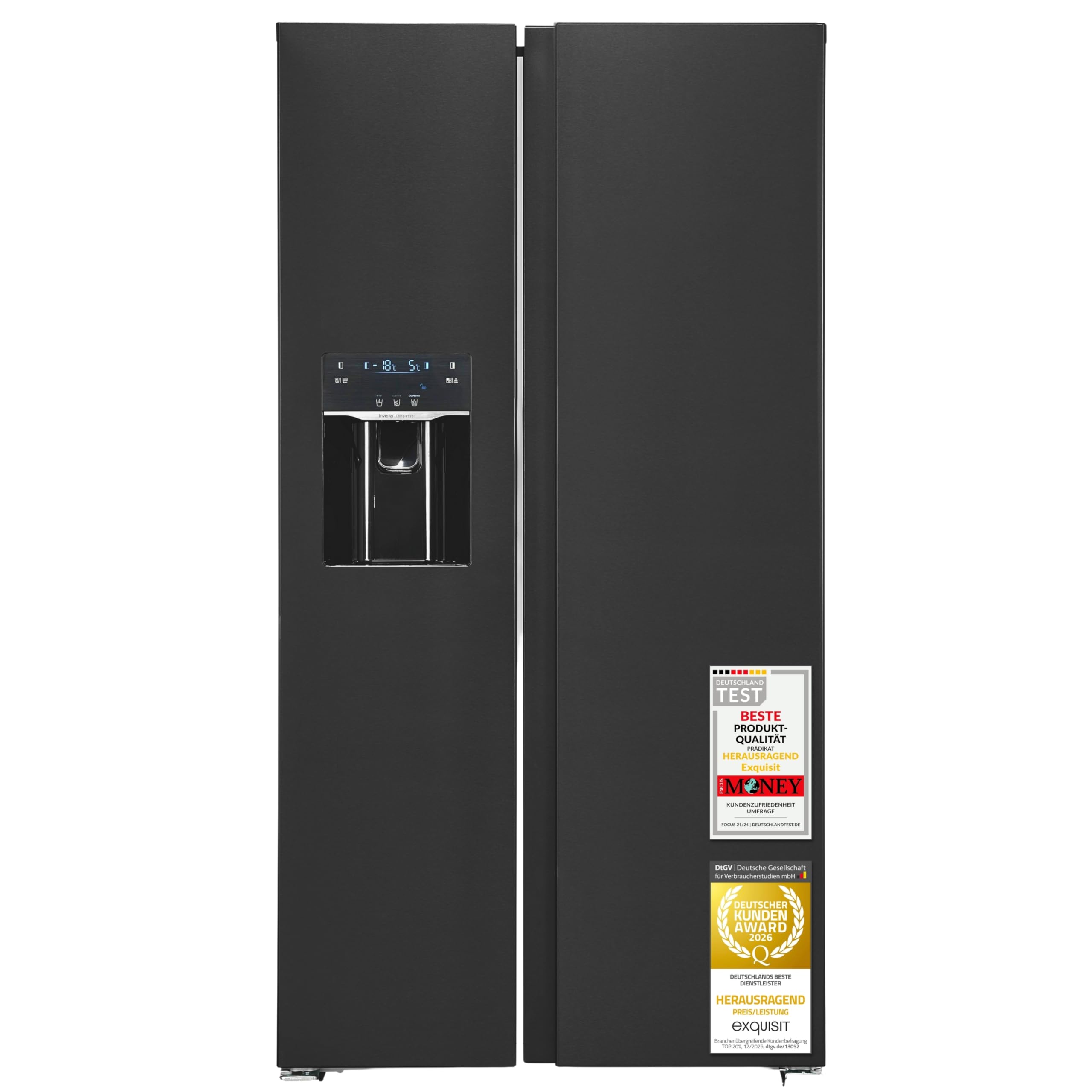 Exquisit Side-by-Side Kühlschrank 513 l, No Frost, Wasserspender | Ice-Maker, Energieklasse E, 39 dB, Inox-Look – 177,5 x 91,0 x 66,0 cm, wechselbarer Türanschlag