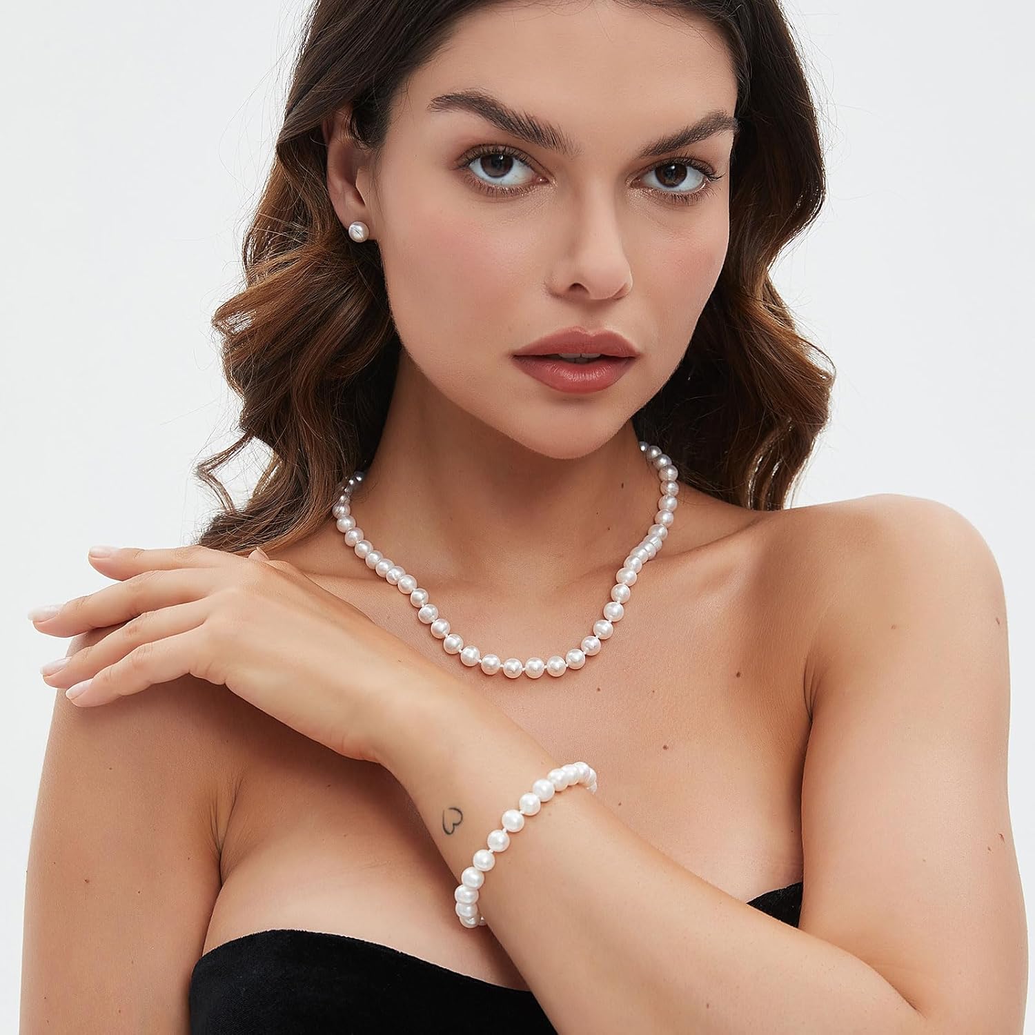 Freshwater Cultured Pearl Jewelry Set, Necklace & Earrings & Bracelet Set for Women, Pearl Strand Necklace with 925 Sterling Silver Clasp, Elegant Jewelry Gift for Mother's Day, Anniversary, Birthday, Wedding - 18+2 Inch - Image 4